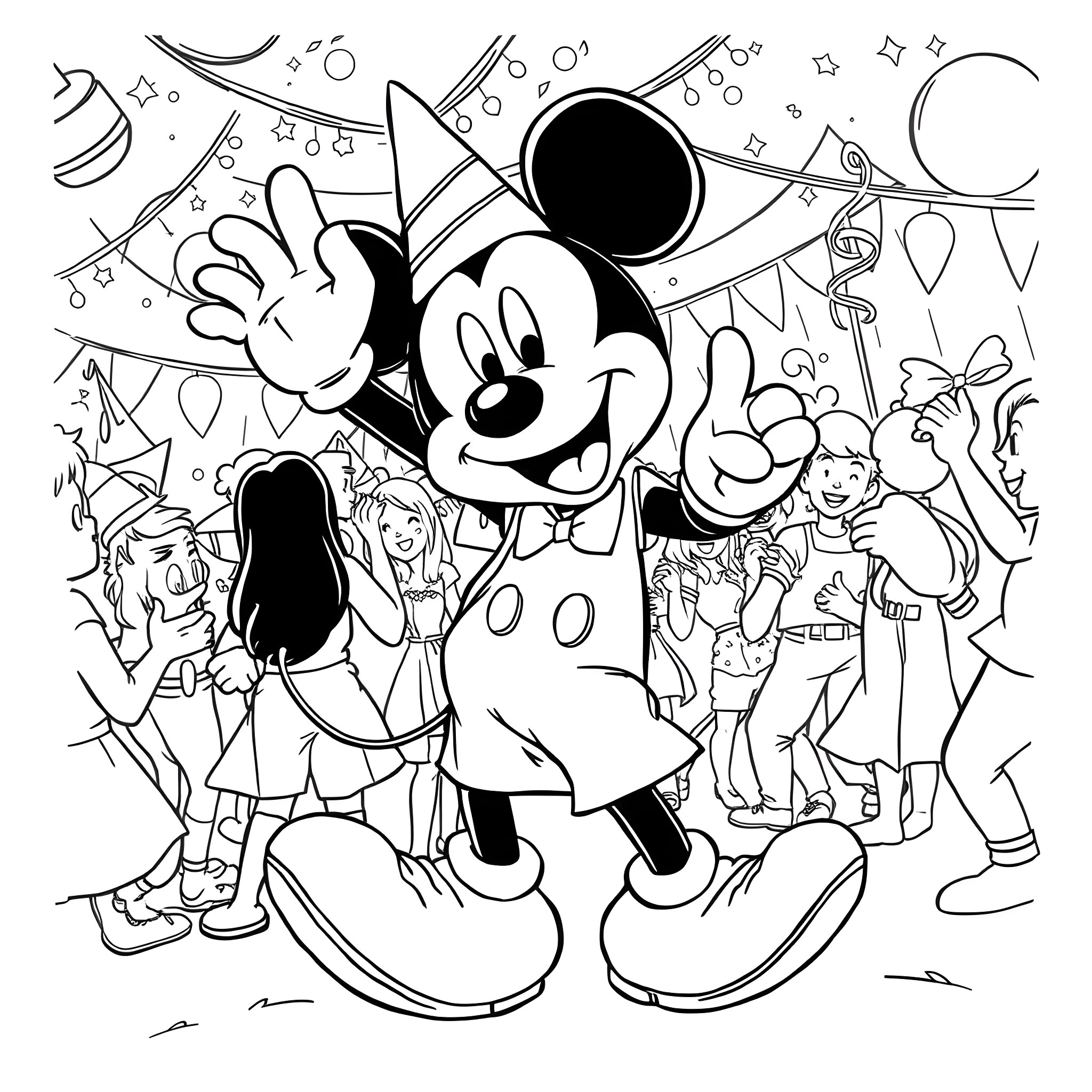 Mickey celebrating with friends in a festive party Coloring Page (free black-and-white line drawing printable PDF for all, from beginners to advanced learners, including children, teens, adults, and seniors)