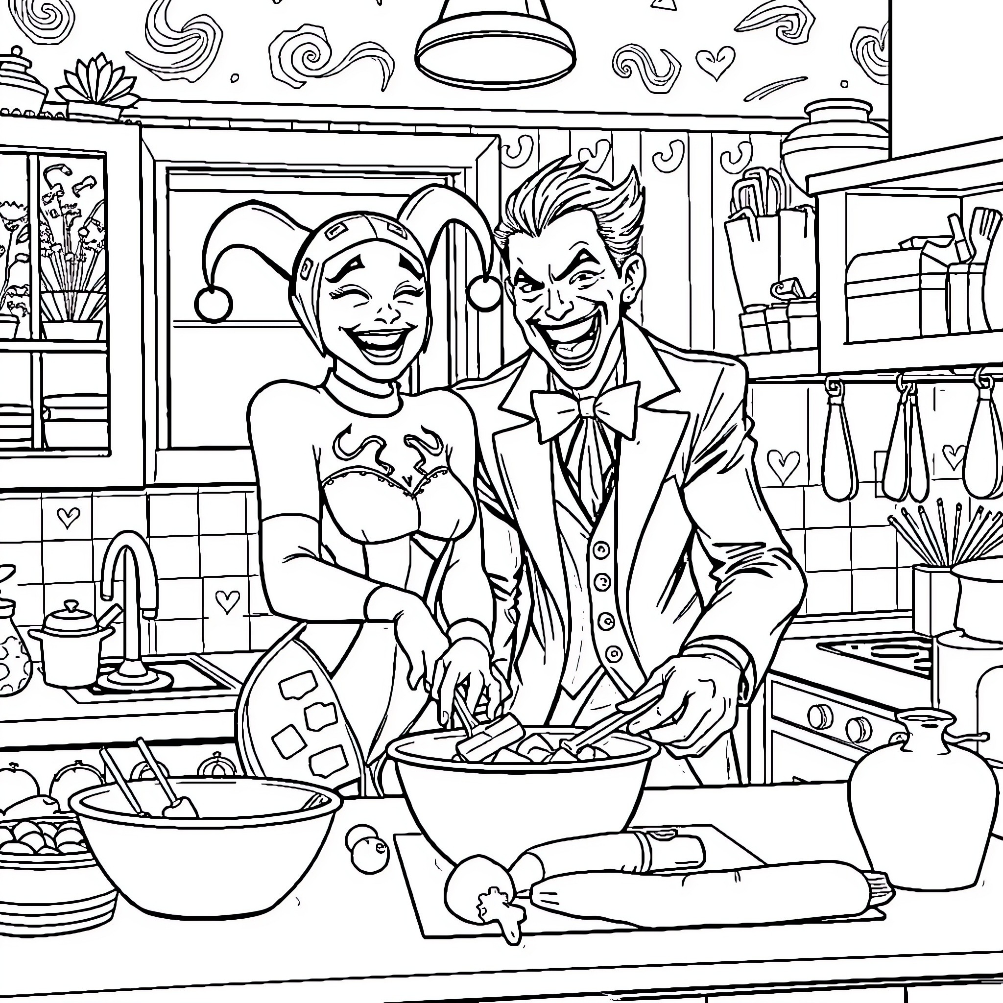 Harley Quinn and Joker cooking together in the kitchen Coloring Page (free black-and-white line drawing printable PDF for all, from beginners to advanced learners, including children, teens, adults, and seniors)