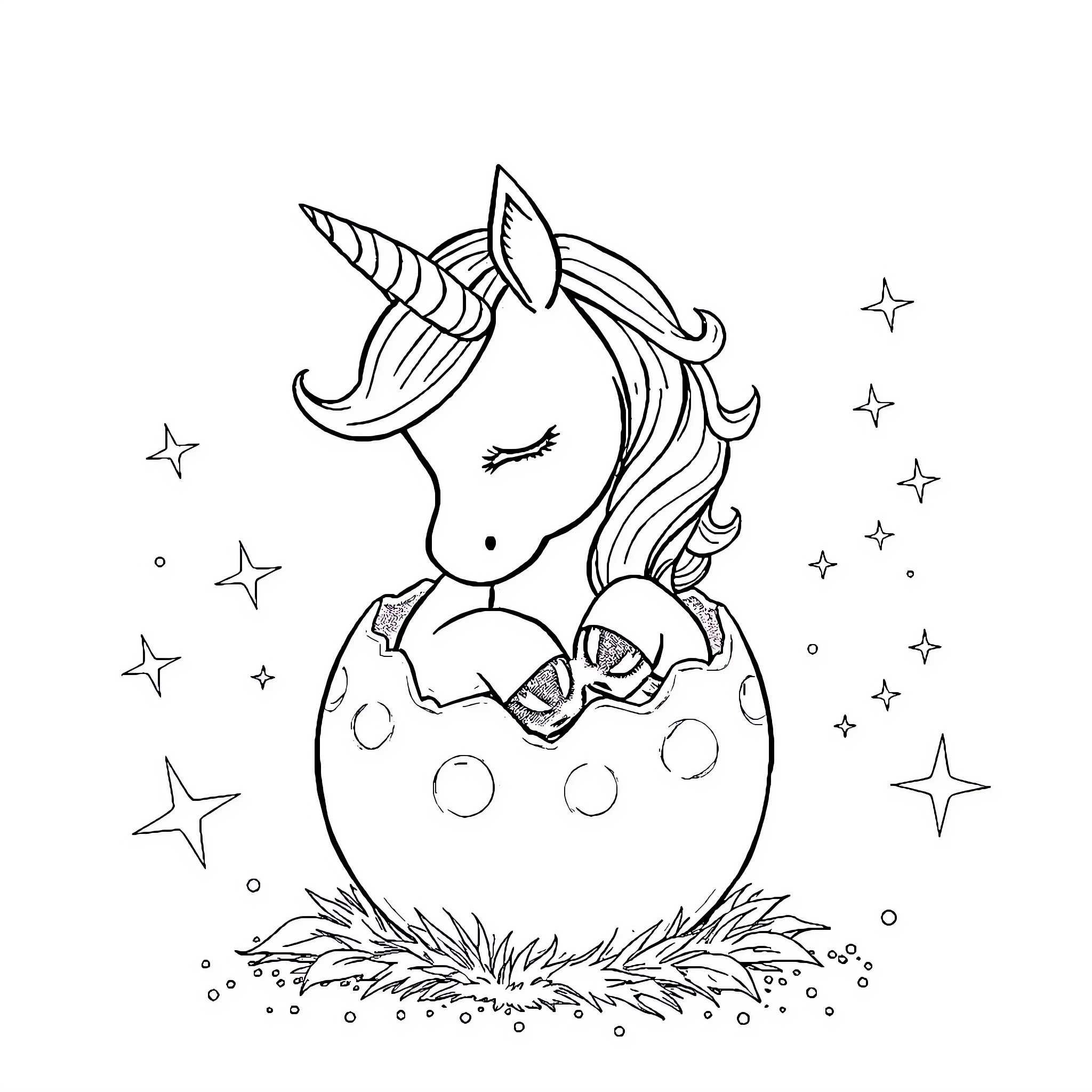 Unicorn hatching from a magical egg surrounded by stars Coloring Page (free black-and-white line drawing printable PDF for all, from beginners to advanced learners, including children, teens, adults, and seniors)