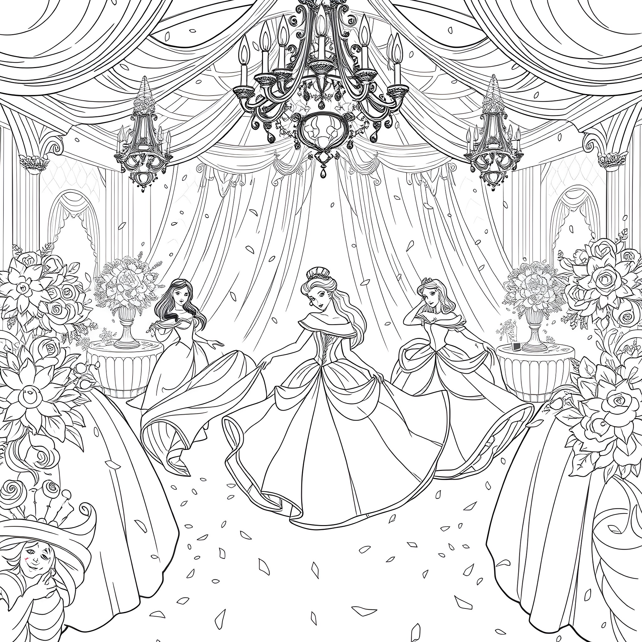 Princess Ball Celebration in a Grand Ballroom Coloring Page (free black-and-white line drawing printable PDF for all, from beginners to advanced learners, including children, teens, adults, and seniors)