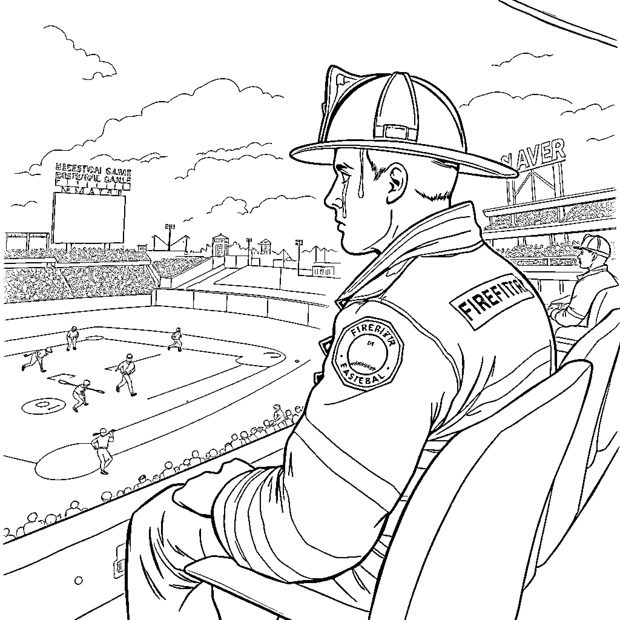 Firefighter observing emergency scene with bravery Coloring Page (free black-and-white line drawing printable PDF for all, from beginners to advanced learners, including children, teens, adults, and seniors)