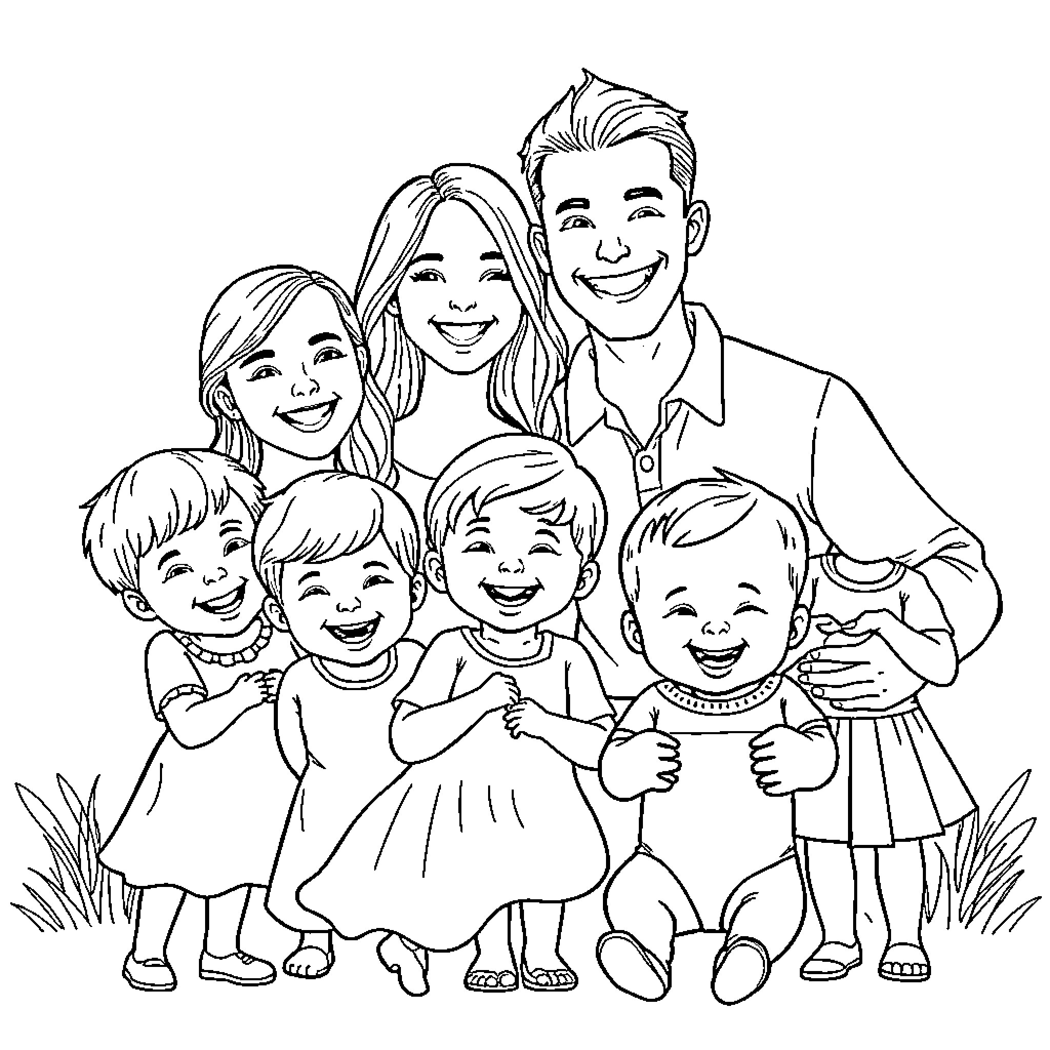 Family Enjoying a Happy Outdoor Scene Coloring Page (free black-and-white line drawing printable PDF for all, from beginners to advanced learners, including children, teens, adults, and seniors)