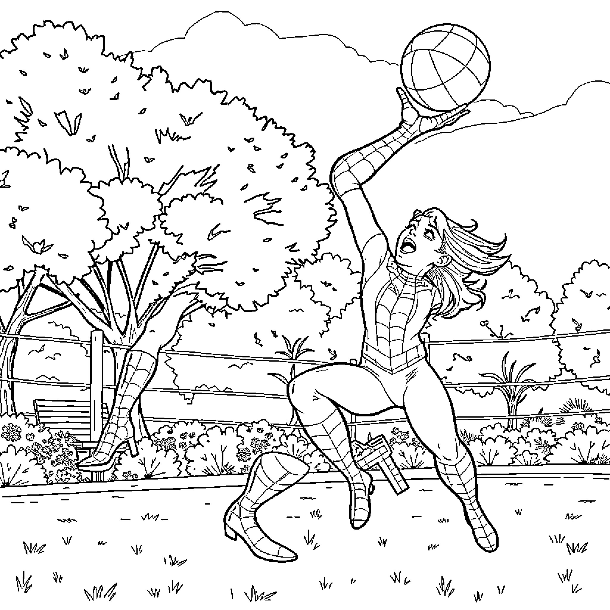 Spiderman character jumping and playing with a volleyball in a park Coloring Page (free black-and-white line drawing printable PDF for all, from beginners to advanced learners, including children, teens, adults, and seniors)