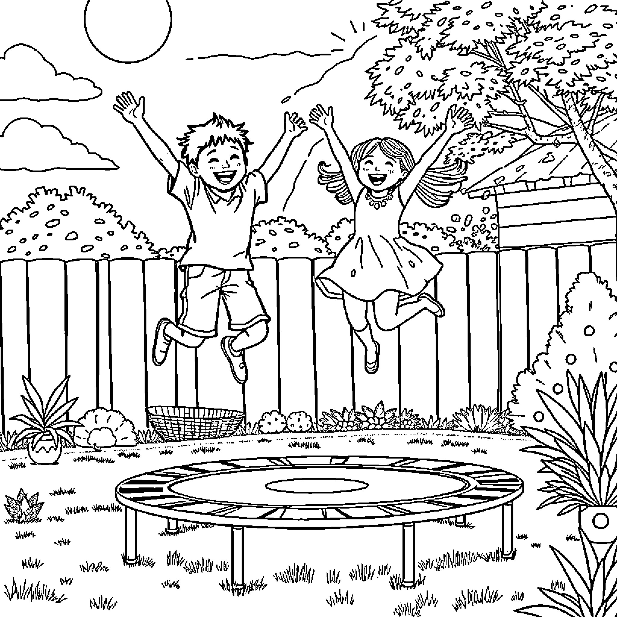Child's outdoor playtime on trampoline Coloring Page (free black-and-white line drawing printable PDF for all, from beginners to advanced learners, including children, teens, adults, and seniors)