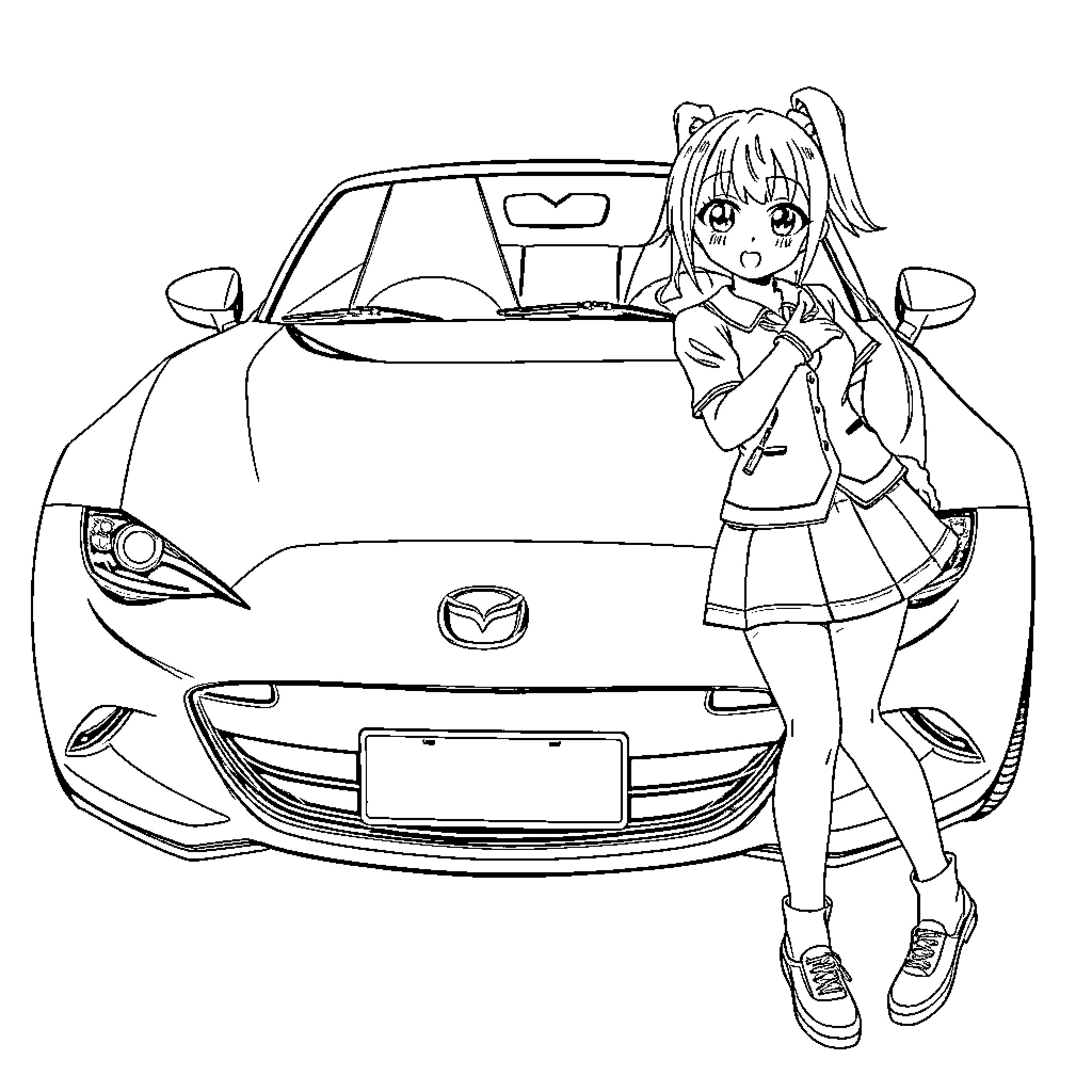Mazda anime girl posing with car Coloring Page (free black-and-white line drawing printable PDF for all, from beginners to advanced learners, including children, teens, adults, and seniors)