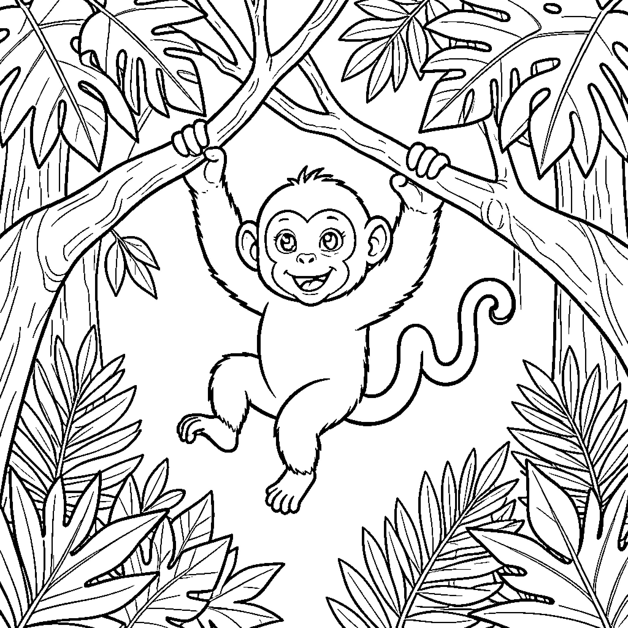 Monkey Swinging Playfully in Jungle Coloring Page (free black-and-white line drawing printable PDF for all, from beginners to advanced learners, including children, teens, adults, and seniors)