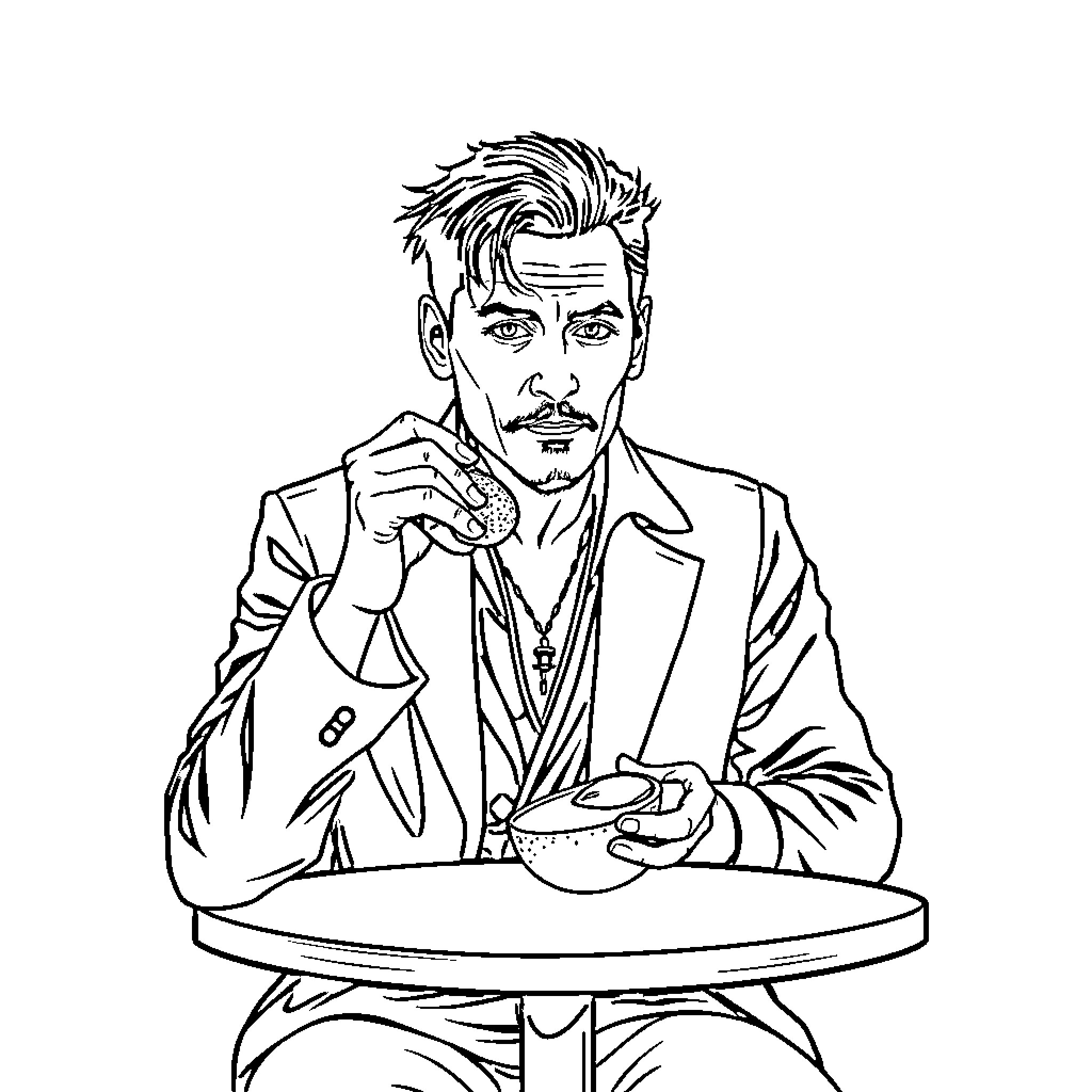 Johnny Depp in Contemplative Pose at Cafe Coloring Page (free black-and-white line drawing printable PDF for all, from beginners to advanced learners, including children, teens, adults, and seniors)