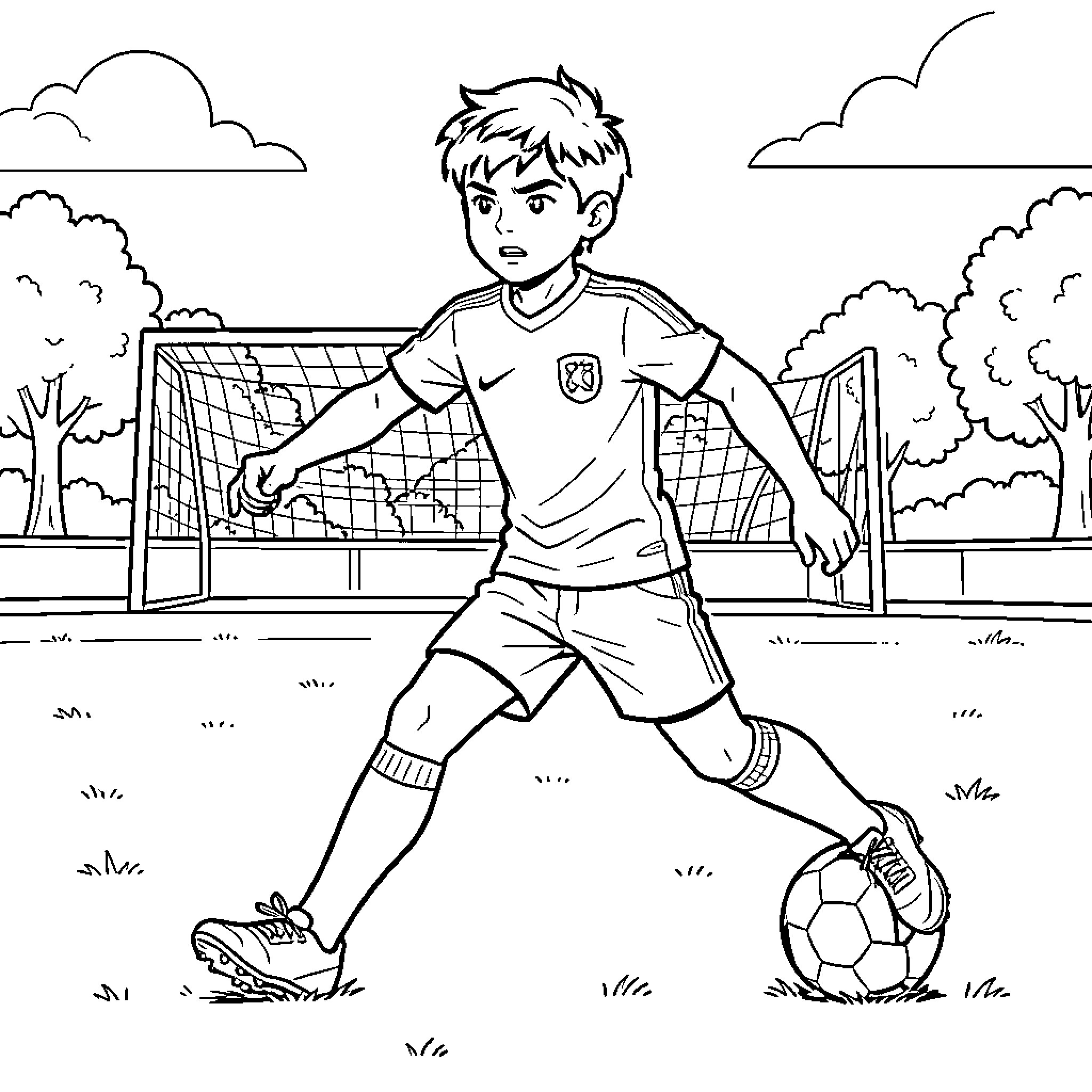 Lamine Yamal dribbling a soccer ball on the field Coloring Page (free black-and-white line drawing printable PDF for all, from beginners to advanced learners, including children, teens, adults, and seniors)