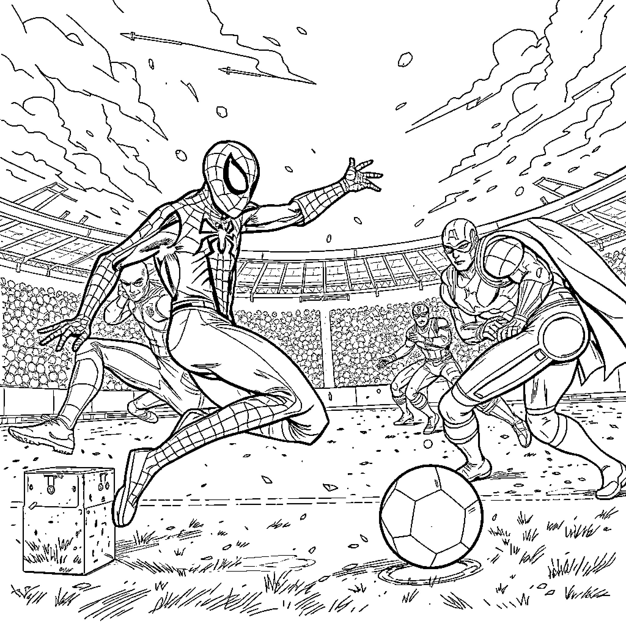 Spiderman in epic superhero battle on soccer field Coloring Page (free black-and-white line drawing printable PDF for all, from beginners to advanced learners, including children, teens, adults, and seniors)