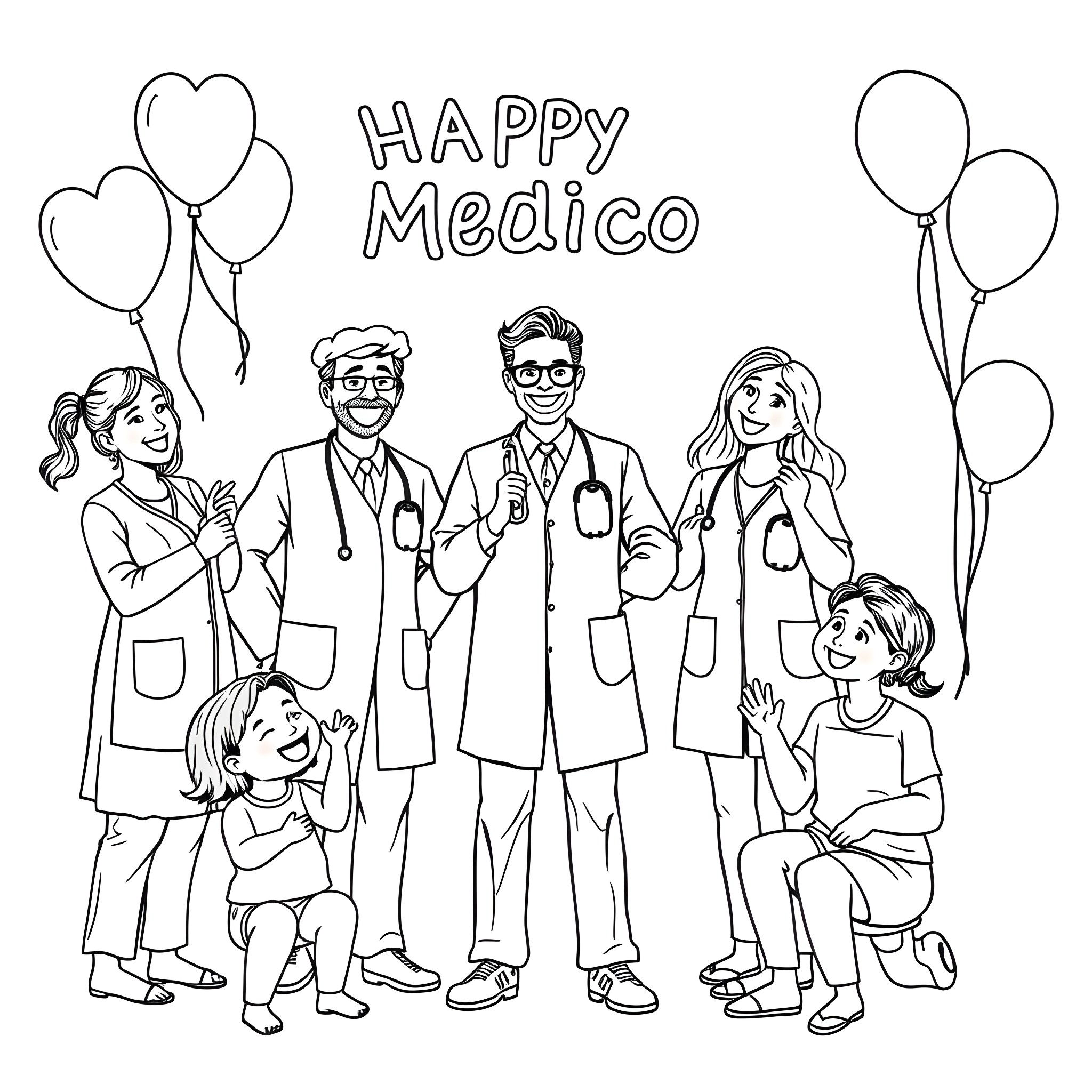 Doctor team celebrating together with patients Coloring Page (free black-and-white line drawing printable PDF for all, from beginners to advanced learners, including children, teens, adults, and seniors)