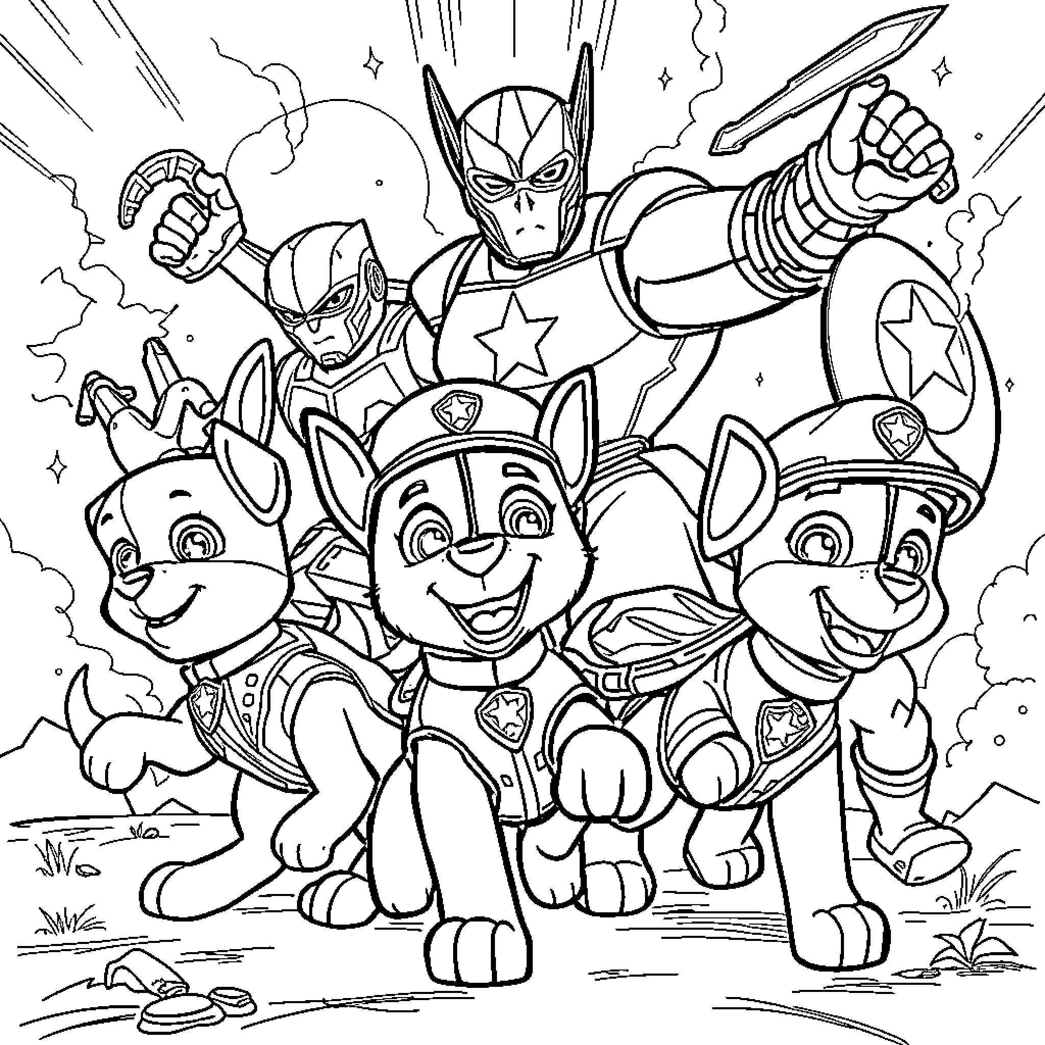 Paw Patrol Team in Action Poses Coloring Page (free black-and-white line drawing printable PDF for all, from beginners to advanced learners, including children, teens, adults, and seniors)