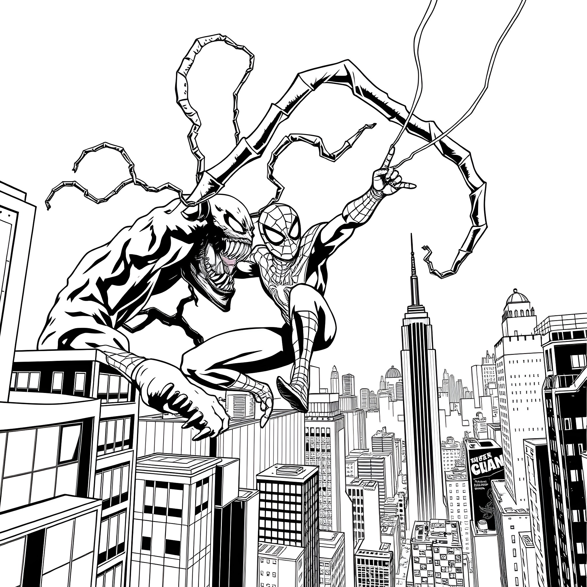 Spider-Man swinging through the city skyline Coloring Page (free black-and-white line drawing printable PDF for all, from beginners to advanced learners, including children, teens, adults, and seniors)