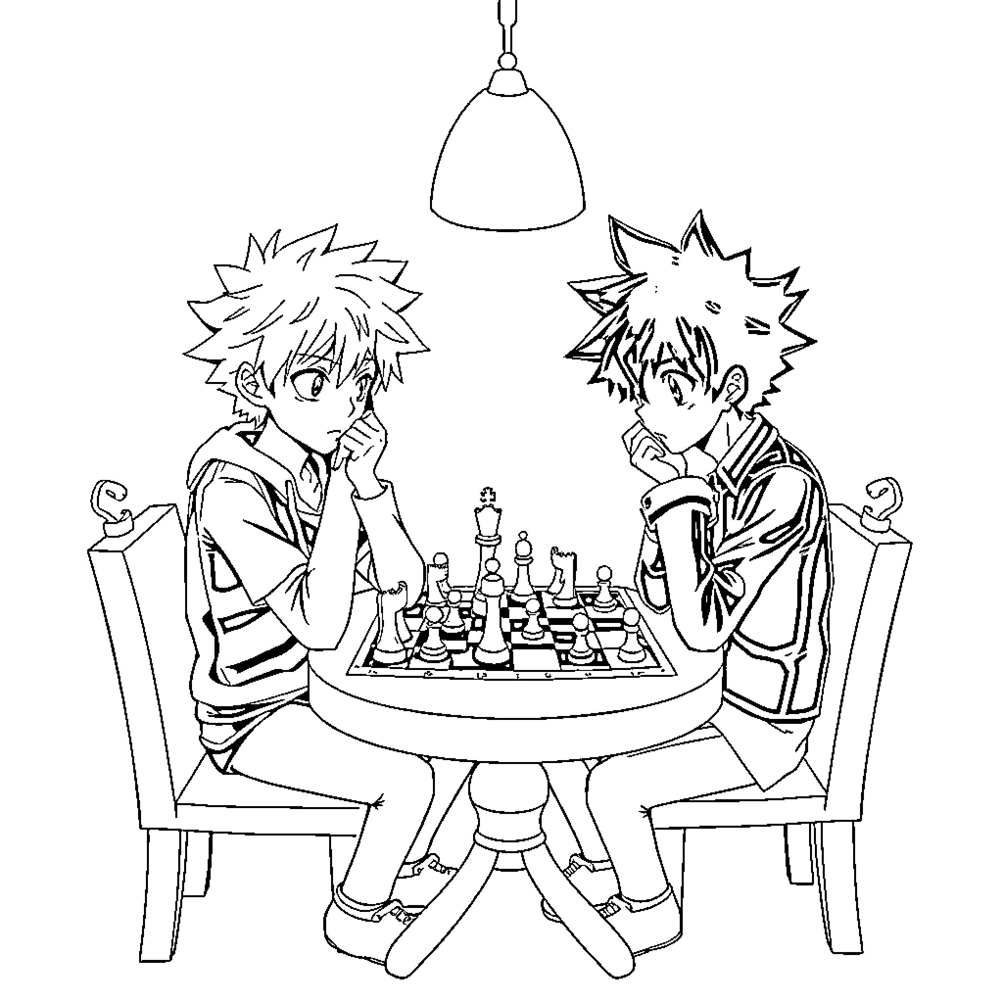 Midorya Characters Playing Chess Under Lamp Coloring Page (free black-and-white line drawing printable PDF for all, from beginners to advanced learners, including children, teens, adults, and seniors)