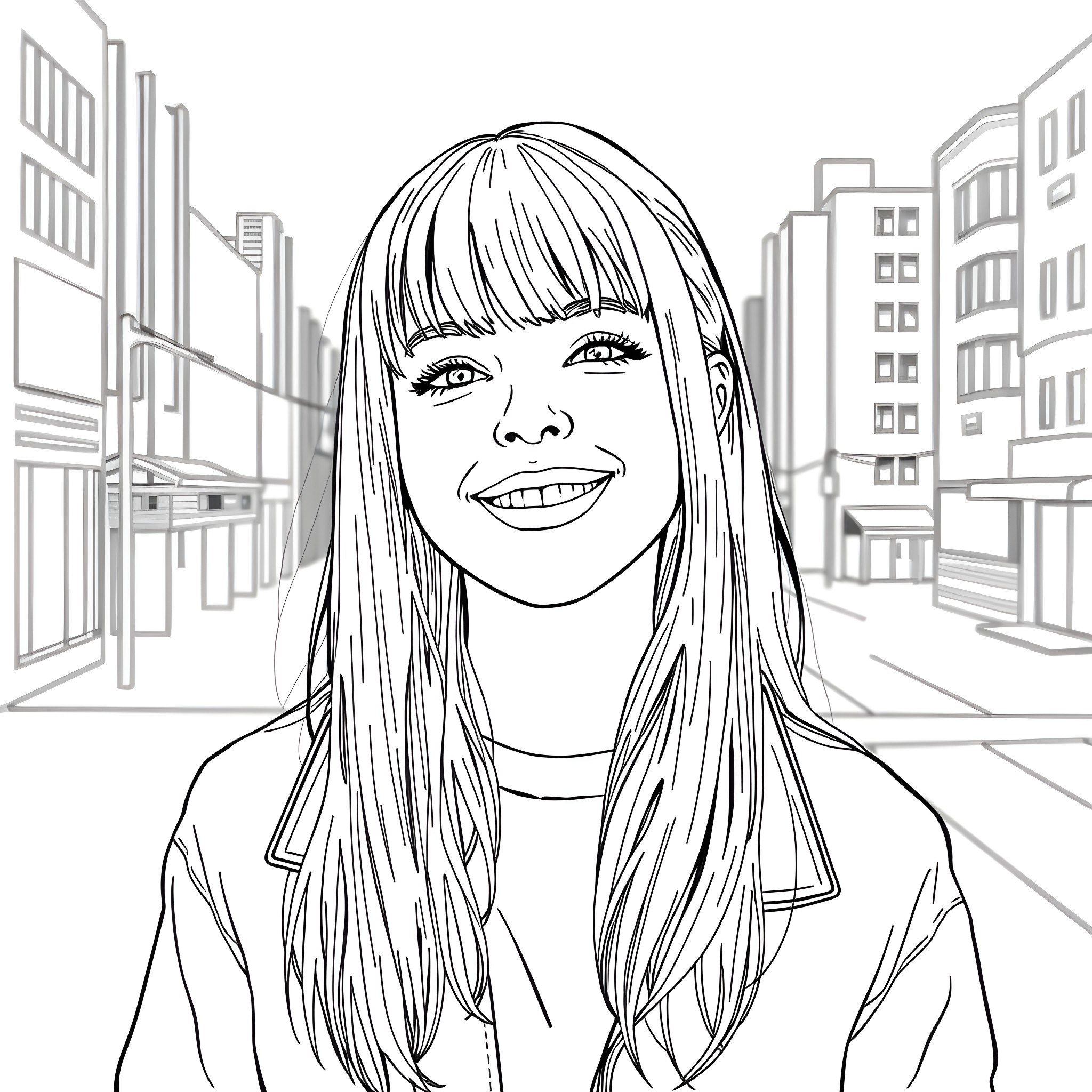 Billie Eilish smiling in the city Coloring Page (free black-and-white line drawing printable PDF for all, from beginners to advanced learners, including children, teens, adults, and seniors)