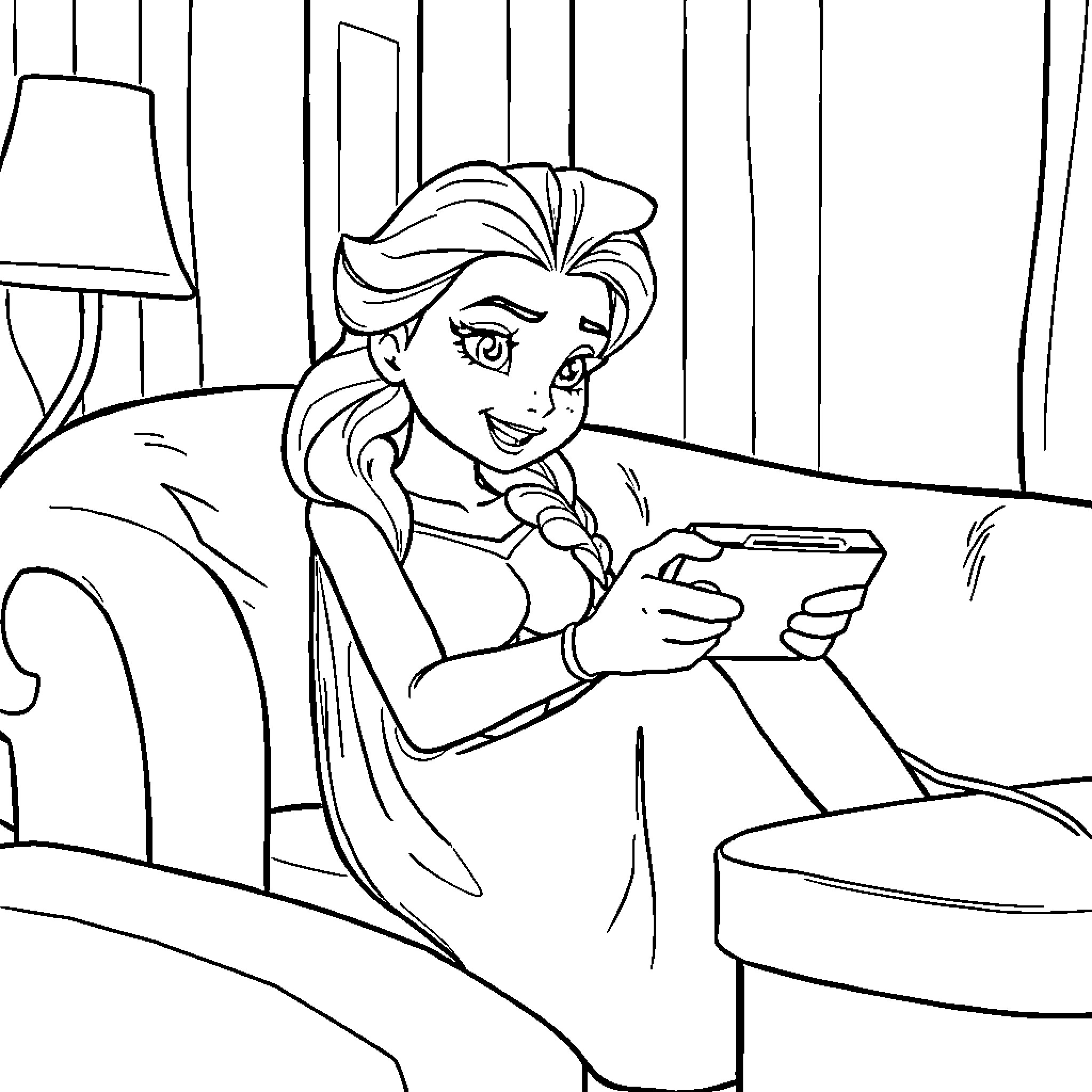 Elsa relaxing and playing with a tablet Coloring Page (free black-and-white line drawing printable PDF for all, from beginners to advanced learners, including children, teens, adults, and seniors)