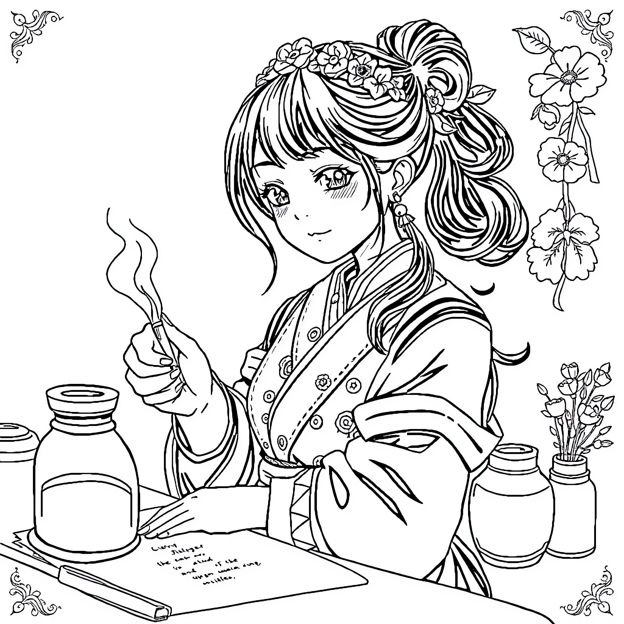 Jinshi - Young woman with floral headdress brewing tea Coloring Page (free black-and-white line drawing printable PDF for all, from beginners to advanced learners, including children, teens, adults, and seniors)