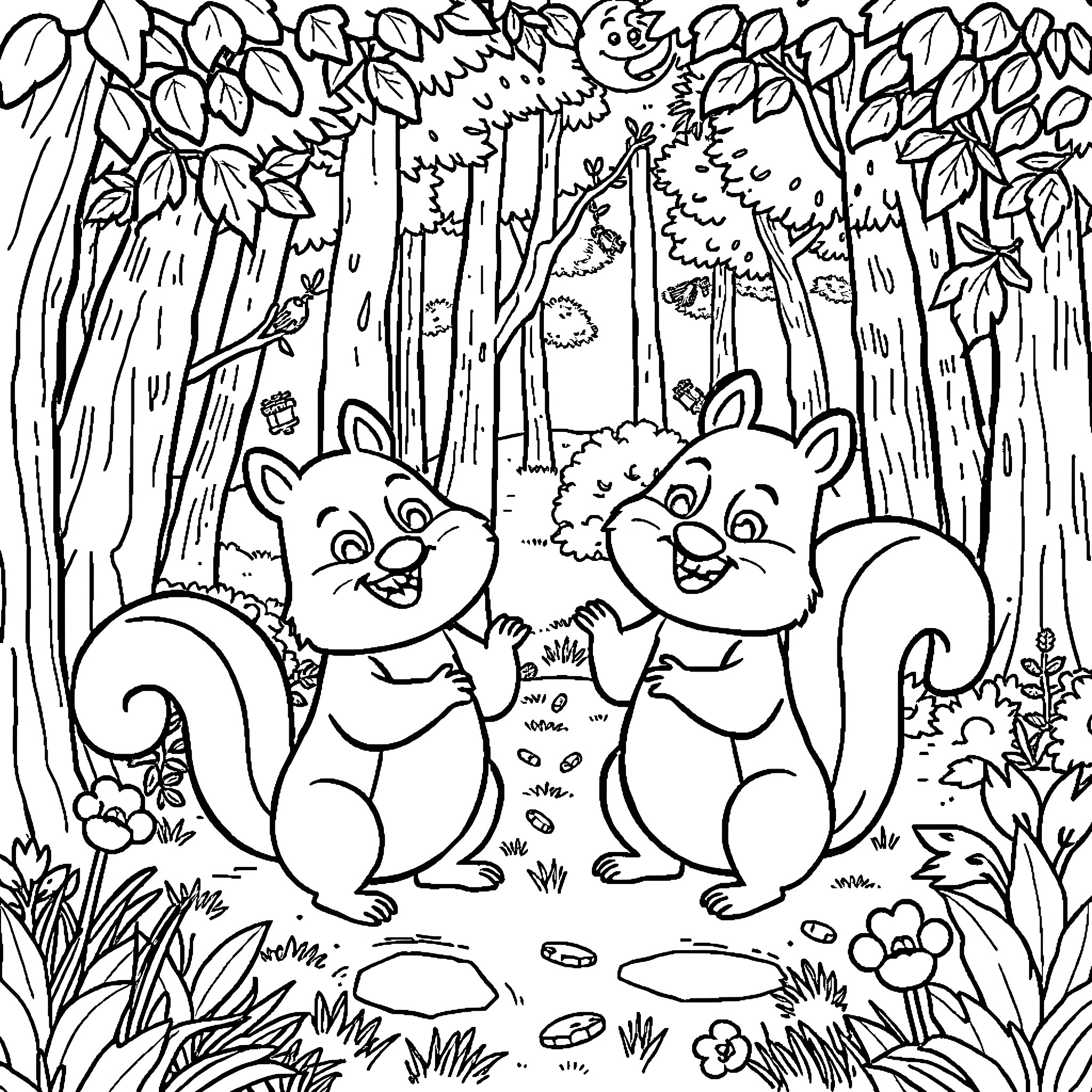 Squirrels playing joyfully in the forest Coloring Page (free black-and-white line drawing printable PDF for all, from beginners to advanced learners, including children, teens, adults, and seniors)