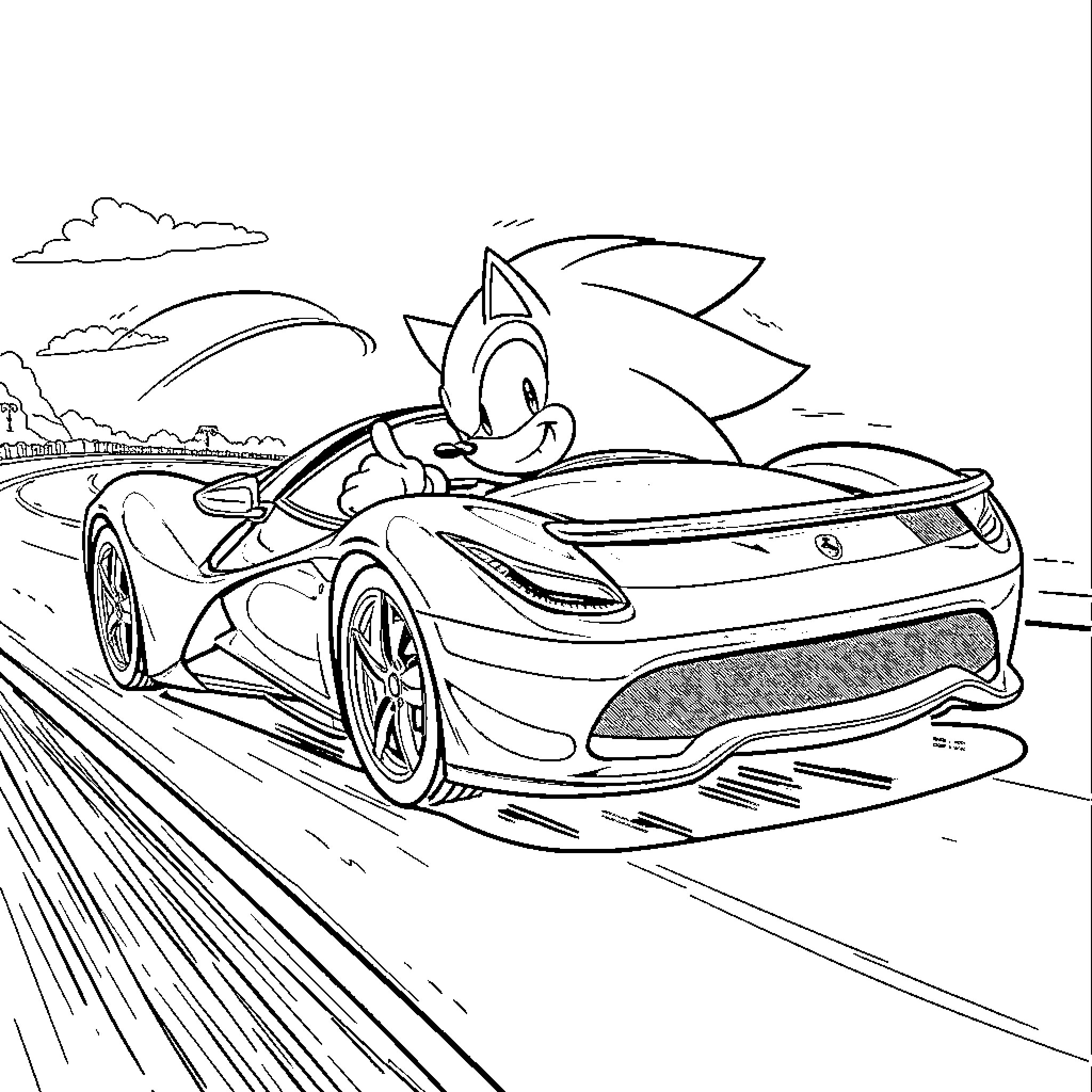Sonic driving fast in futuristic sports car Coloring Page (free black-and-white line drawing printable PDF for all, from beginners to advanced learners, including children, teens, adults, and seniors)