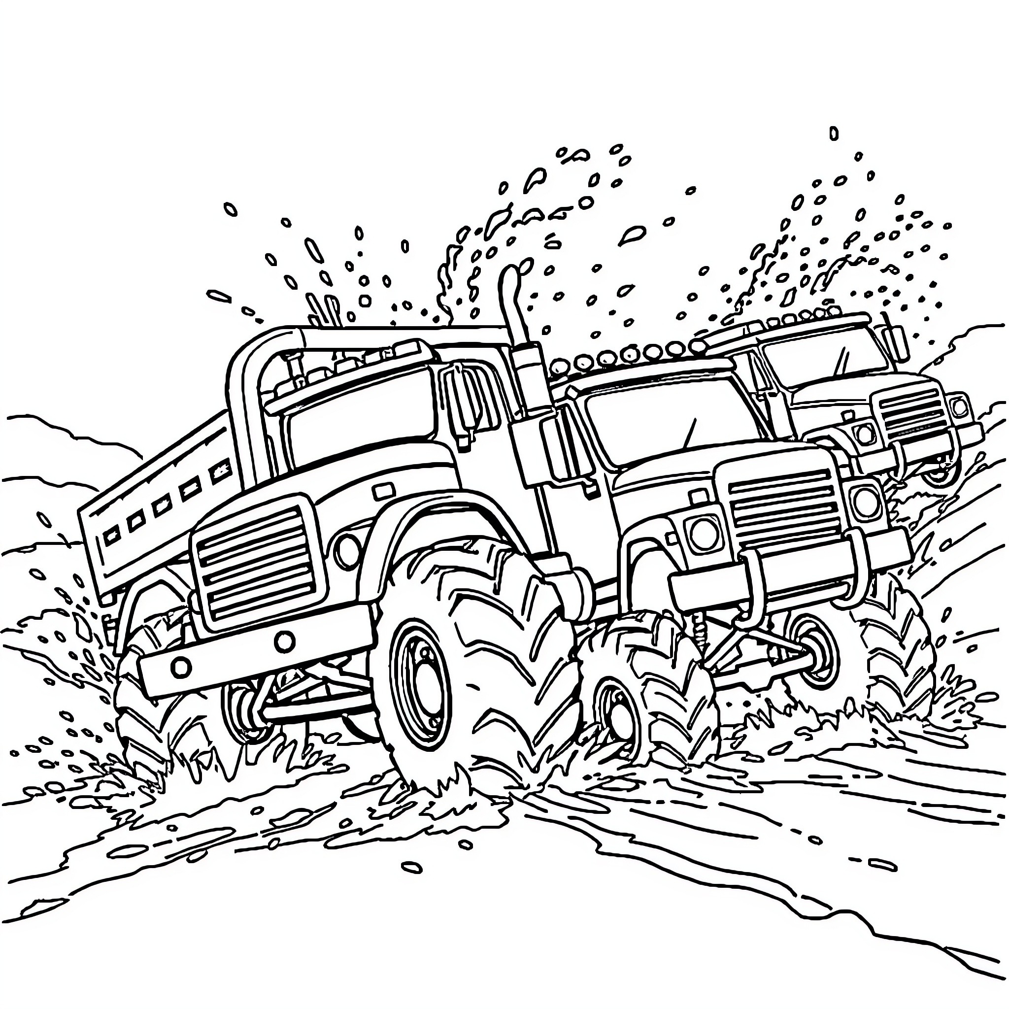 Truck Navigating Through Muddy Terrain Coloring Page (free black-and-white line drawing printable PDF for all, from beginners to advanced learners, including children, teens, adults, and seniors)