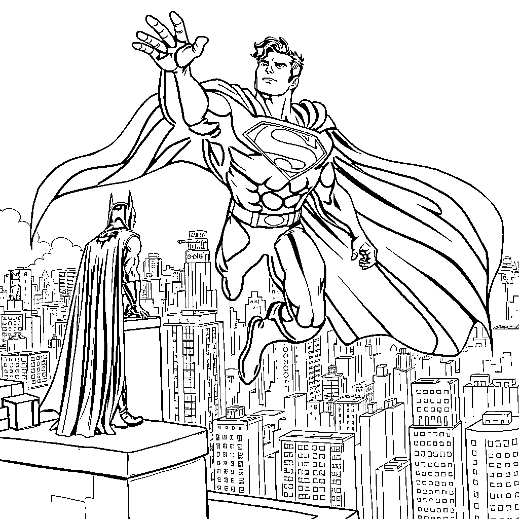 Superman soaring over the city skyline Coloring Page (free black-and-white line drawing printable PDF for all, from beginners to advanced learners, including children, teens, adults, and seniors)