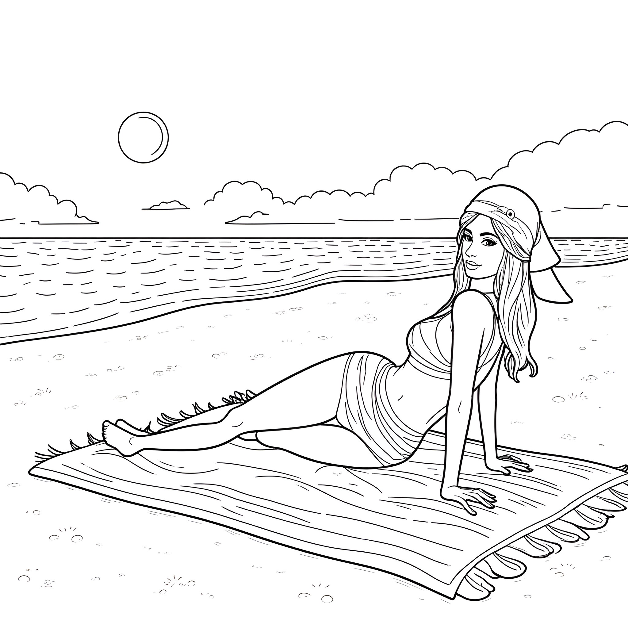 Model sitting peacefully on the beach Coloring Page (free black-and-white line drawing printable PDF for all, from beginners to advanced learners, including children, teens, adults, and seniors)