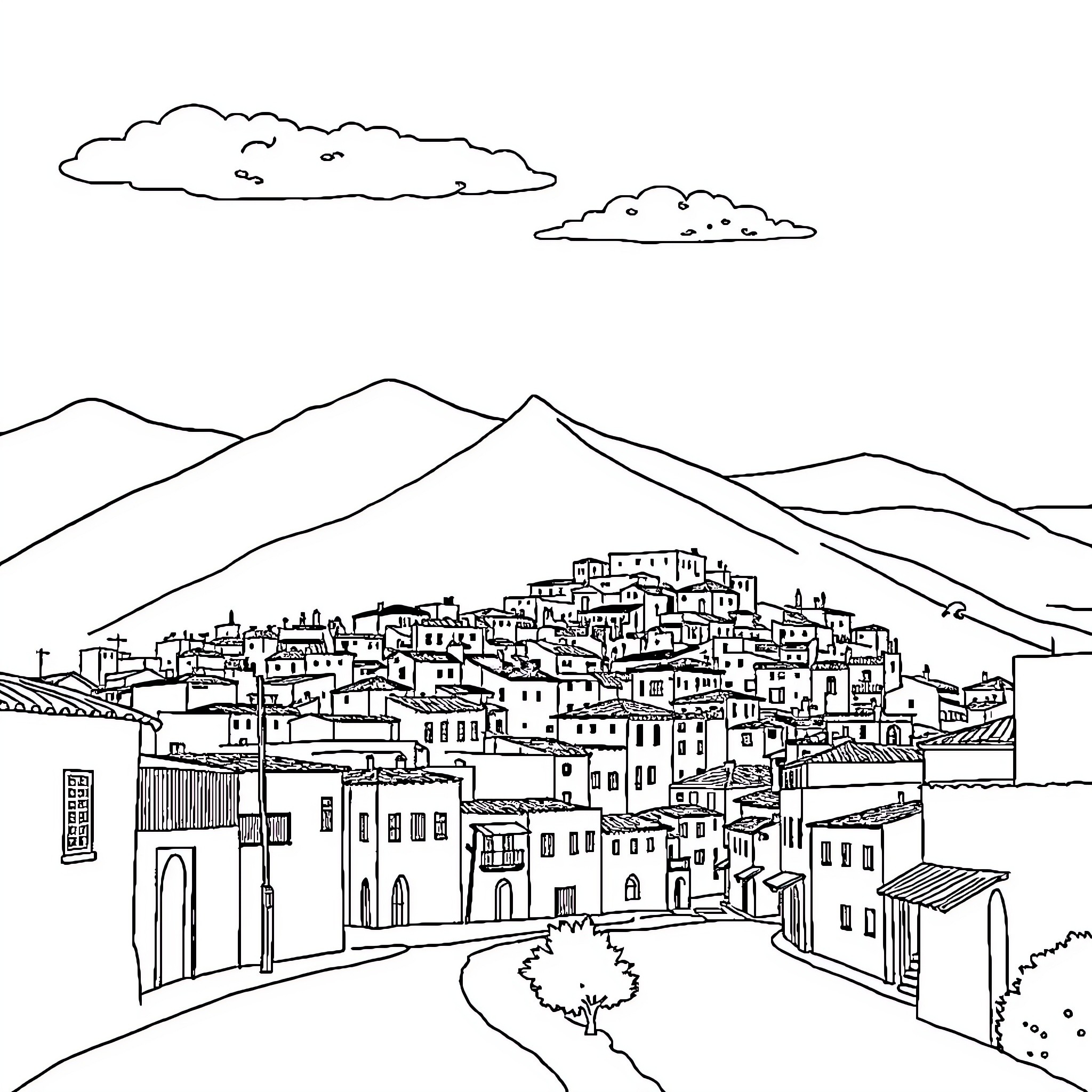 City of dense architecture and towering peaks Coloring Page (free black-and-white line drawing printable PDF for all, from beginners to advanced learners, including children, teens, adults, and seniors)