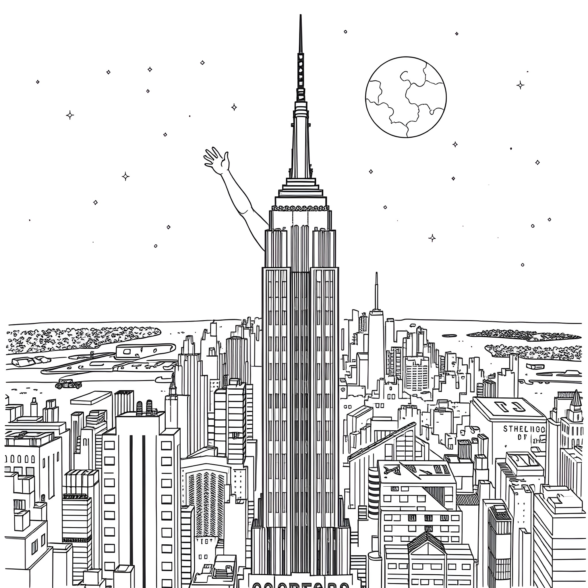 Steph Curry Soaring Above the New York City Skyline Coloring Page (free black-and-white line drawing printable PDF for all, from beginners to advanced learners, including children, teens, adults, and seniors)