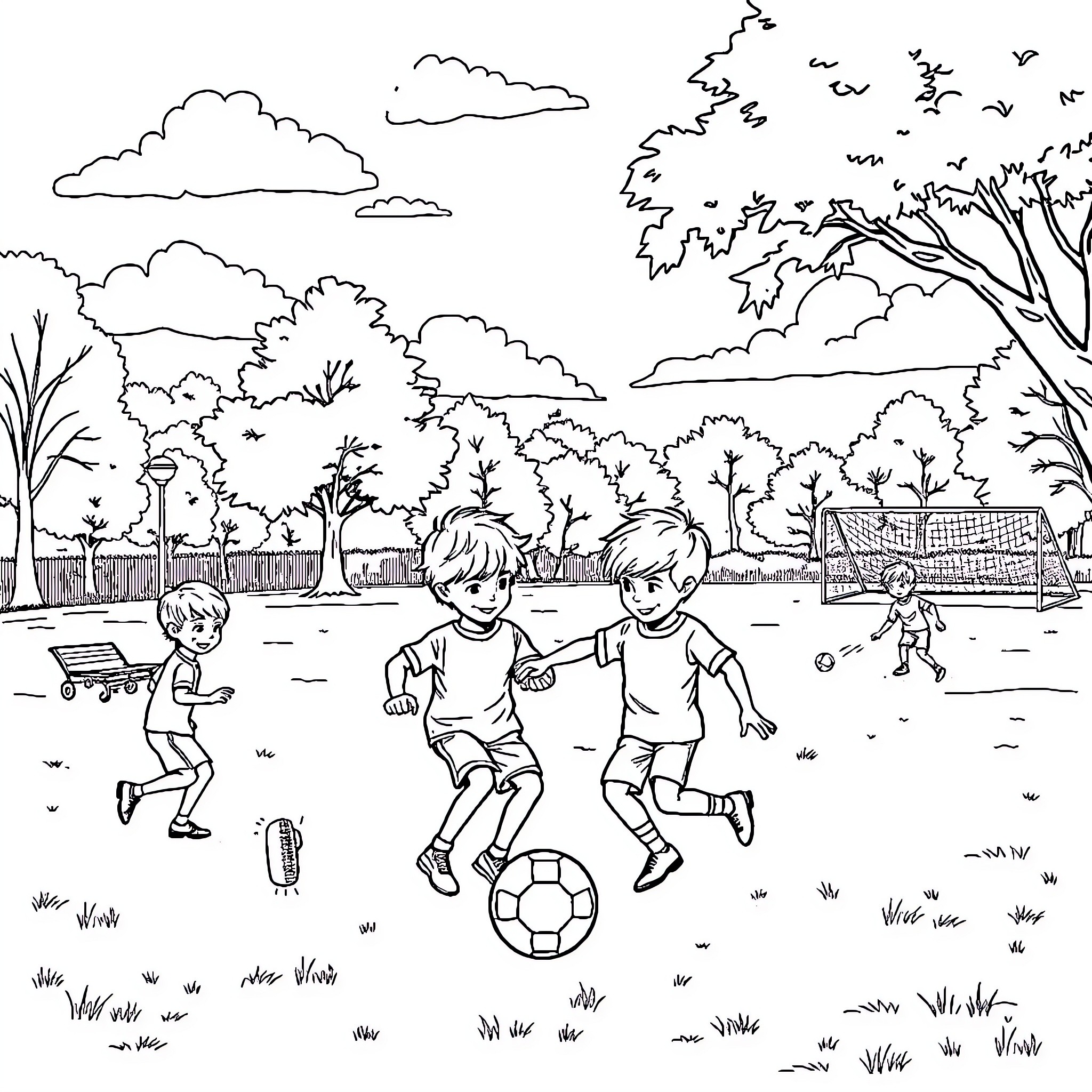 Football players competing on a grassy field Coloring Page (free black-and-white line drawing printable PDF for all, from beginners to advanced learners, including children, teens, adults, and seniors)