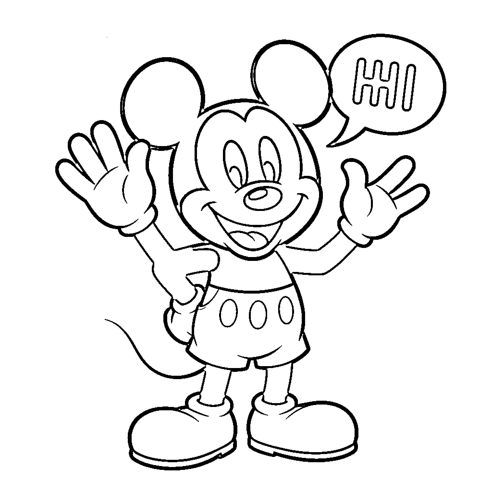 Mickey Mouse waving hands and saying hello Coloring Page (free black-and-white line drawing printable PDF for all, from beginners to advanced learners, including children, teens, adults, and seniors)