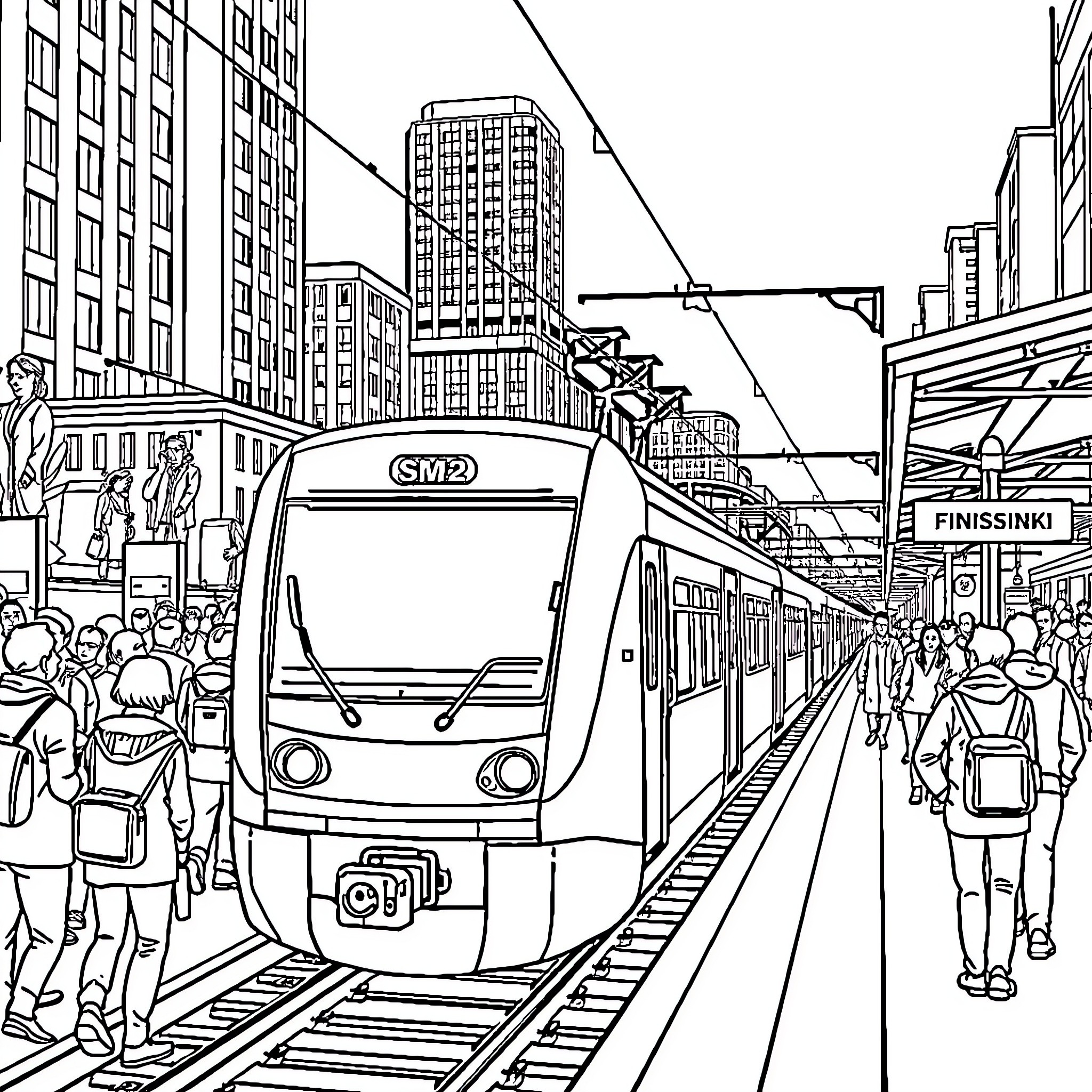 Train Station in Busy City Commute Coloring Page (free black-and-white line drawing printable PDF for all, from beginners to advanced learners, including children, teens, adults, and seniors)