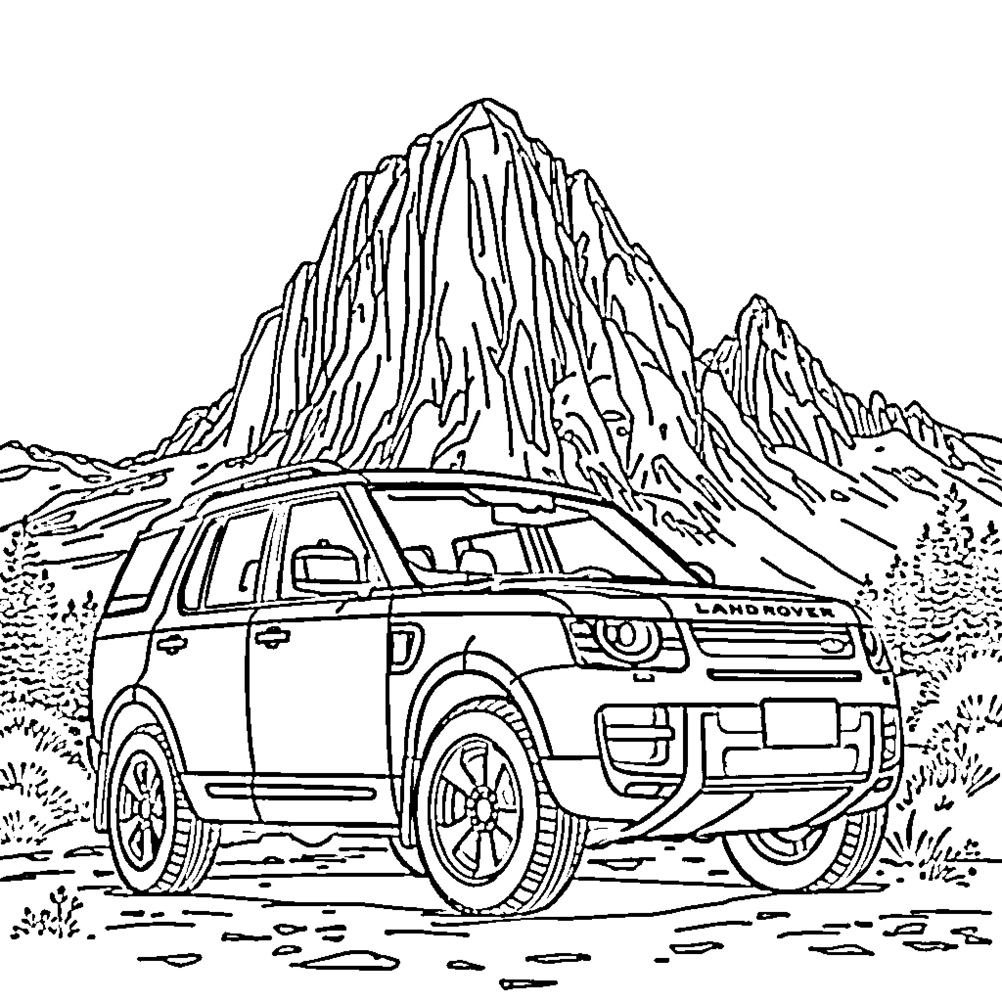Land Rover exploring rugged mountain terrain Coloring Page (free black-and-white line drawing printable PDF for all, from beginners to advanced learners, including children, teens, adults, and seniors)