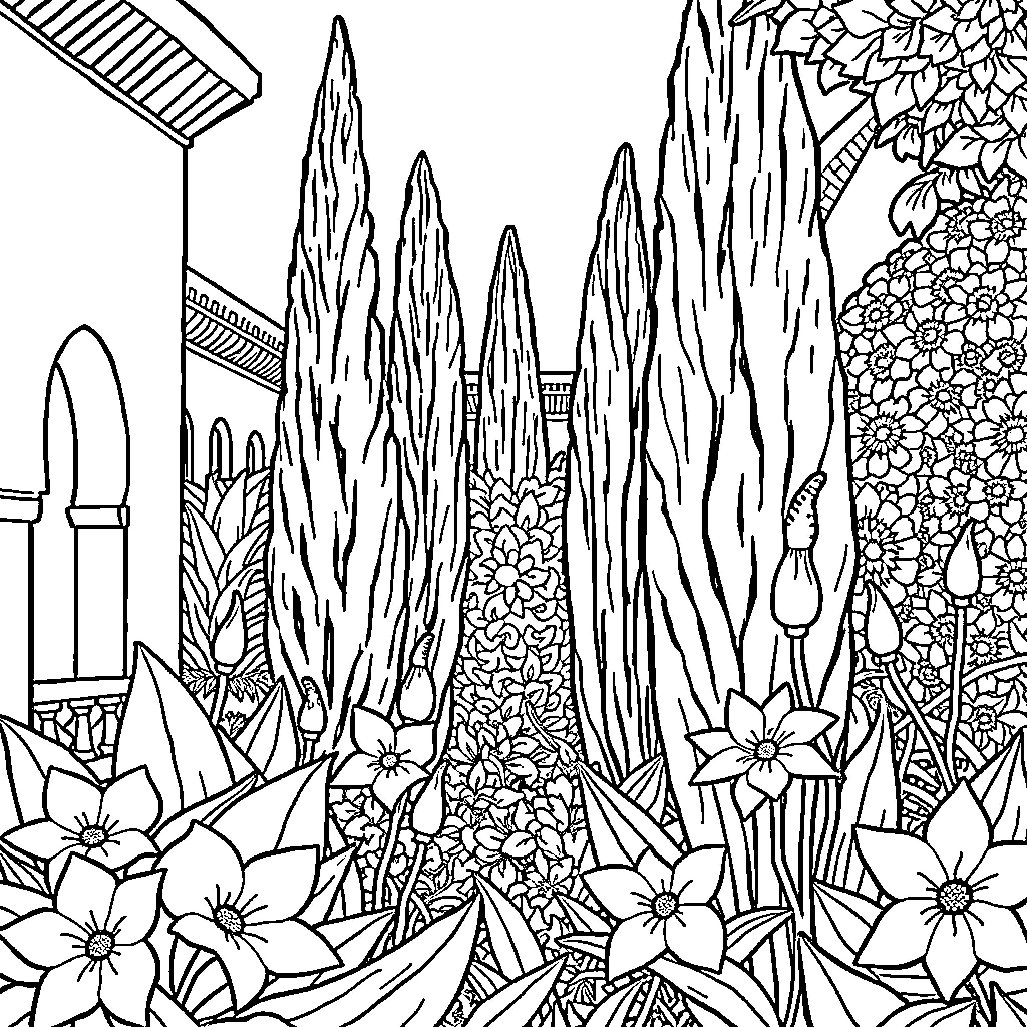 Jasmine's Enchanted Garden Coloring Page (free black-and-white line drawing printable PDF for all, from beginners to advanced learners, including children, teens, adults, and seniors)