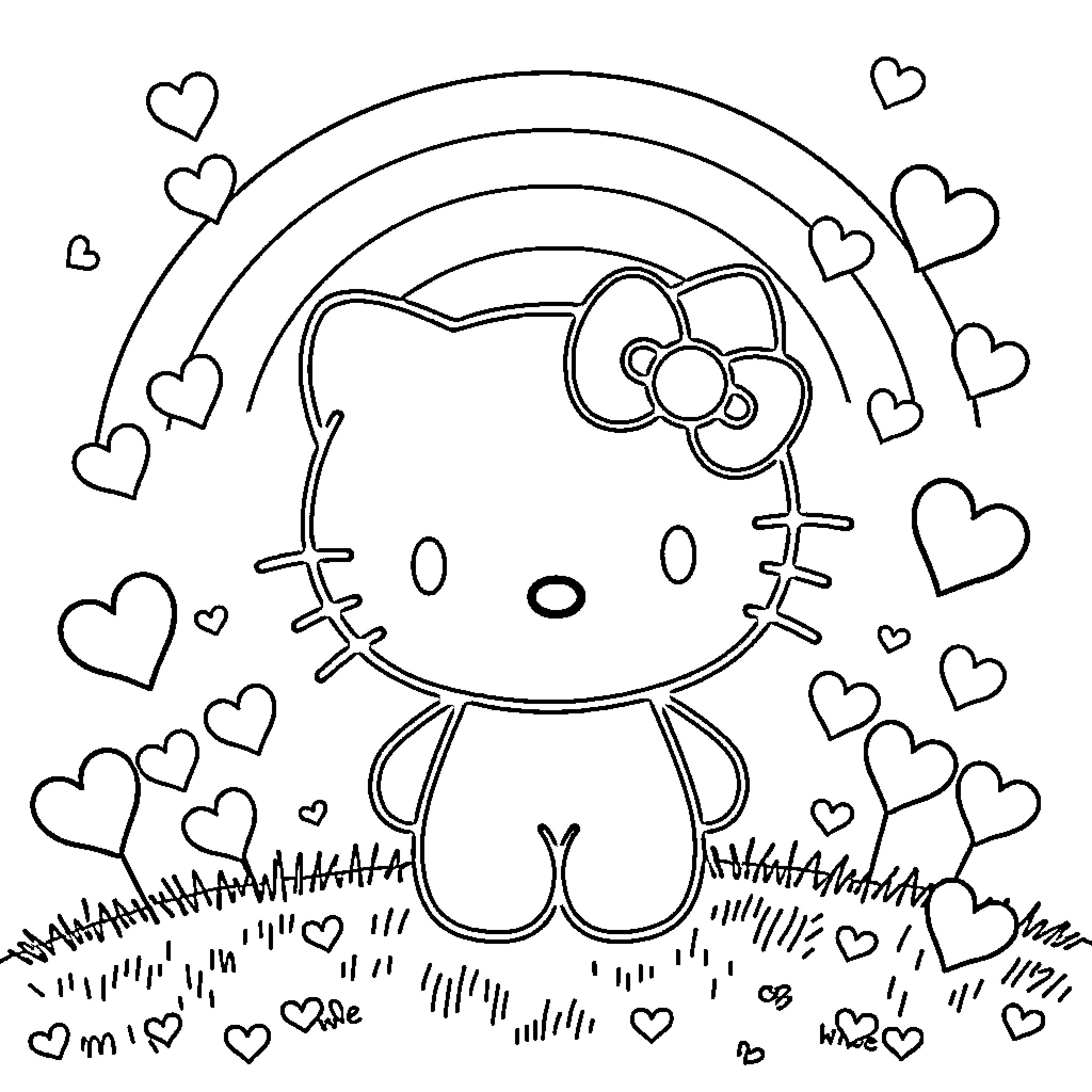 Hello Kitty playing in a field of hearts Coloring Page (free black-and-white line drawing printable PDF for all, from beginners to advanced learners, including children, teens, adults, and seniors)