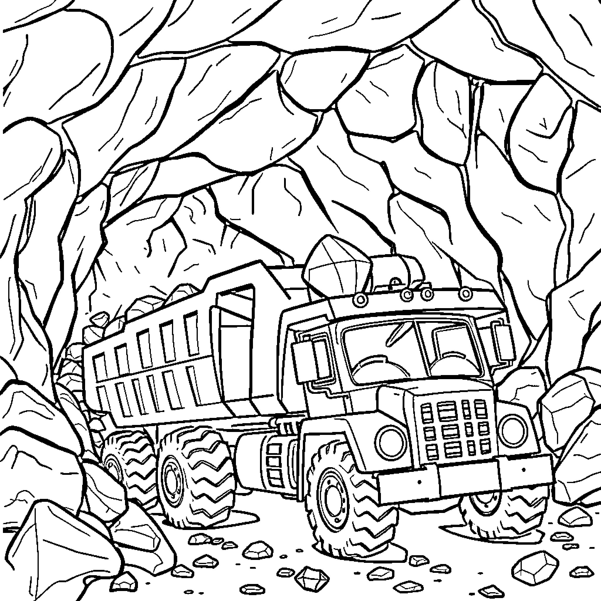Truck navigating rocky terrain Coloring Page (free black-and-white line drawing printable PDF for all, from beginners to advanced learners, including children, teens, adults, and seniors)