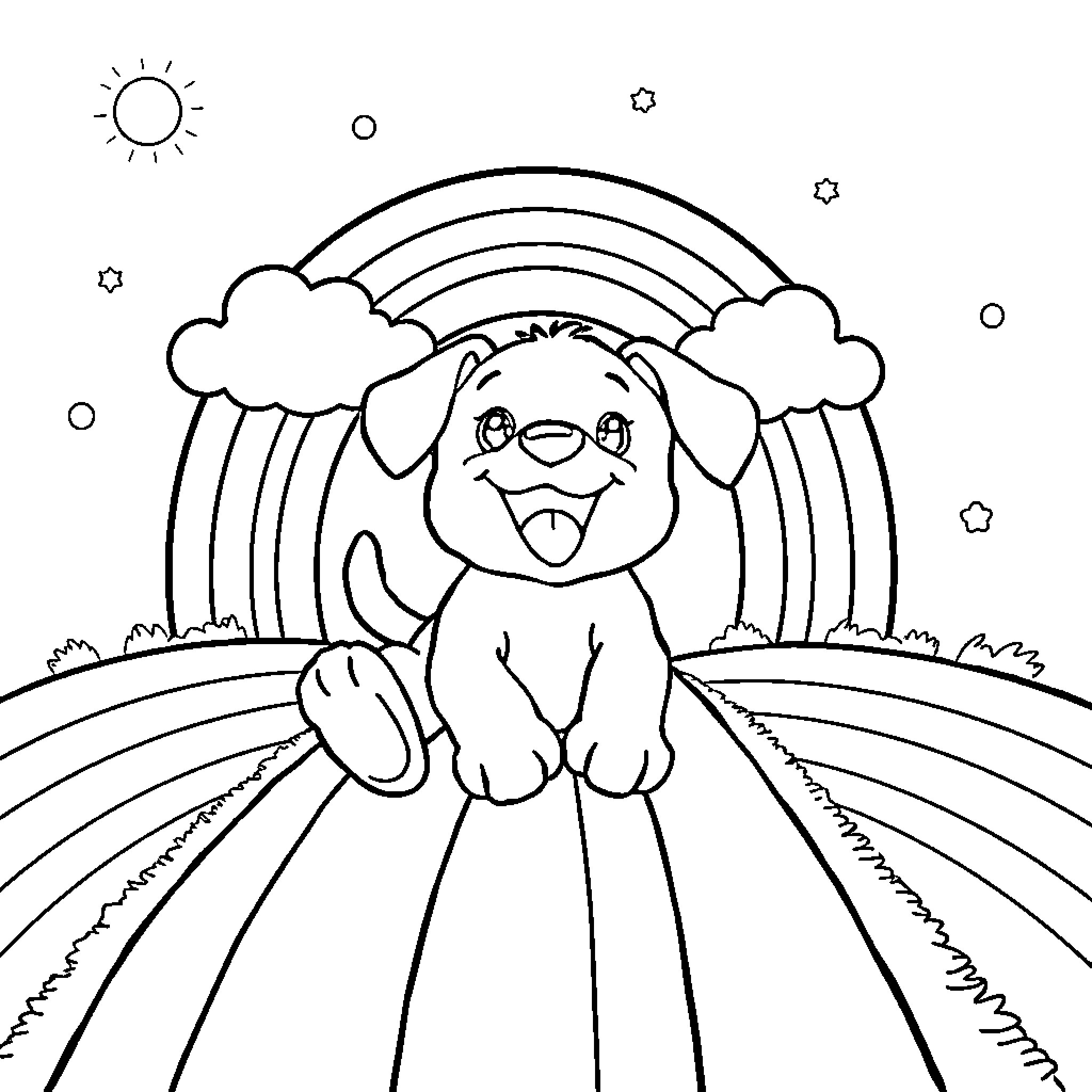 Puppy sitting happily under a rainbow Coloring Page (free black-and-white line drawing printable PDF for all, from beginners to advanced learners, including children, teens, adults, and seniors)