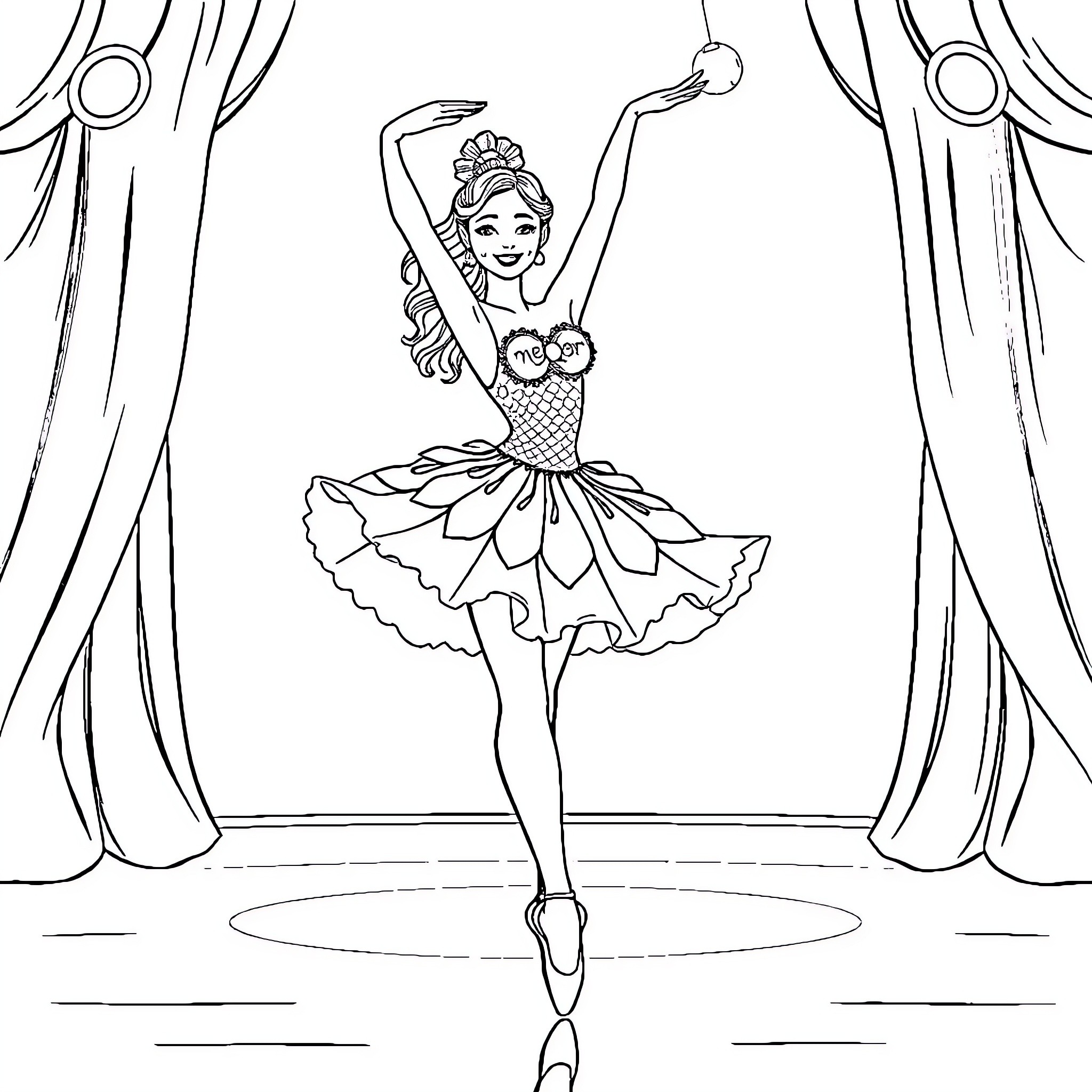 Dancer performing on stage in tutu Coloring Page (free black-and-white line drawing printable PDF for all, from beginners to advanced learners, including children, teens, adults, and seniors)
