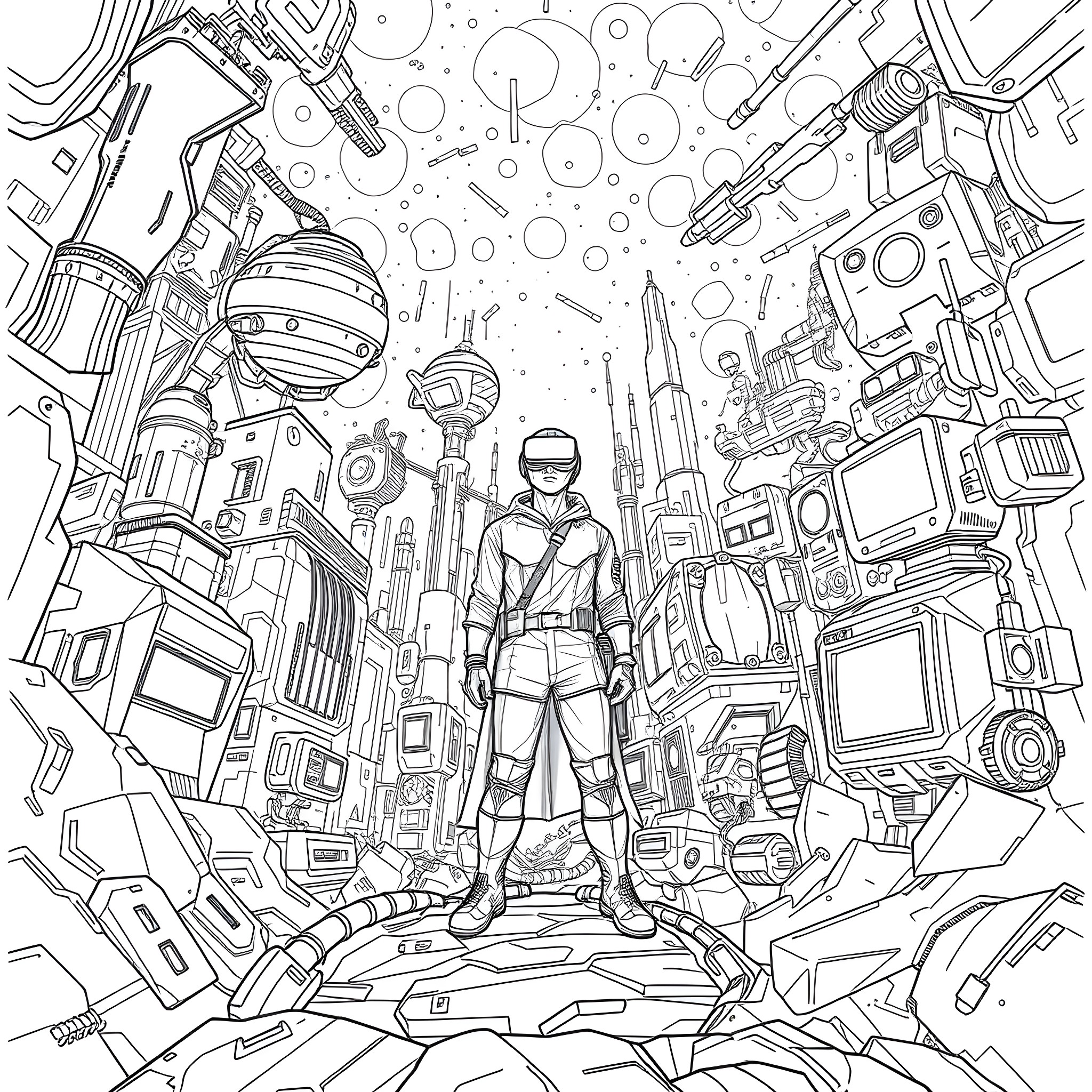 Player Navigating a Futuristic Technological Landscape Coloring Page (free black-and-white line drawing printable PDF for all, from beginners to advanced learners, including children, teens, adults, and seniors)
