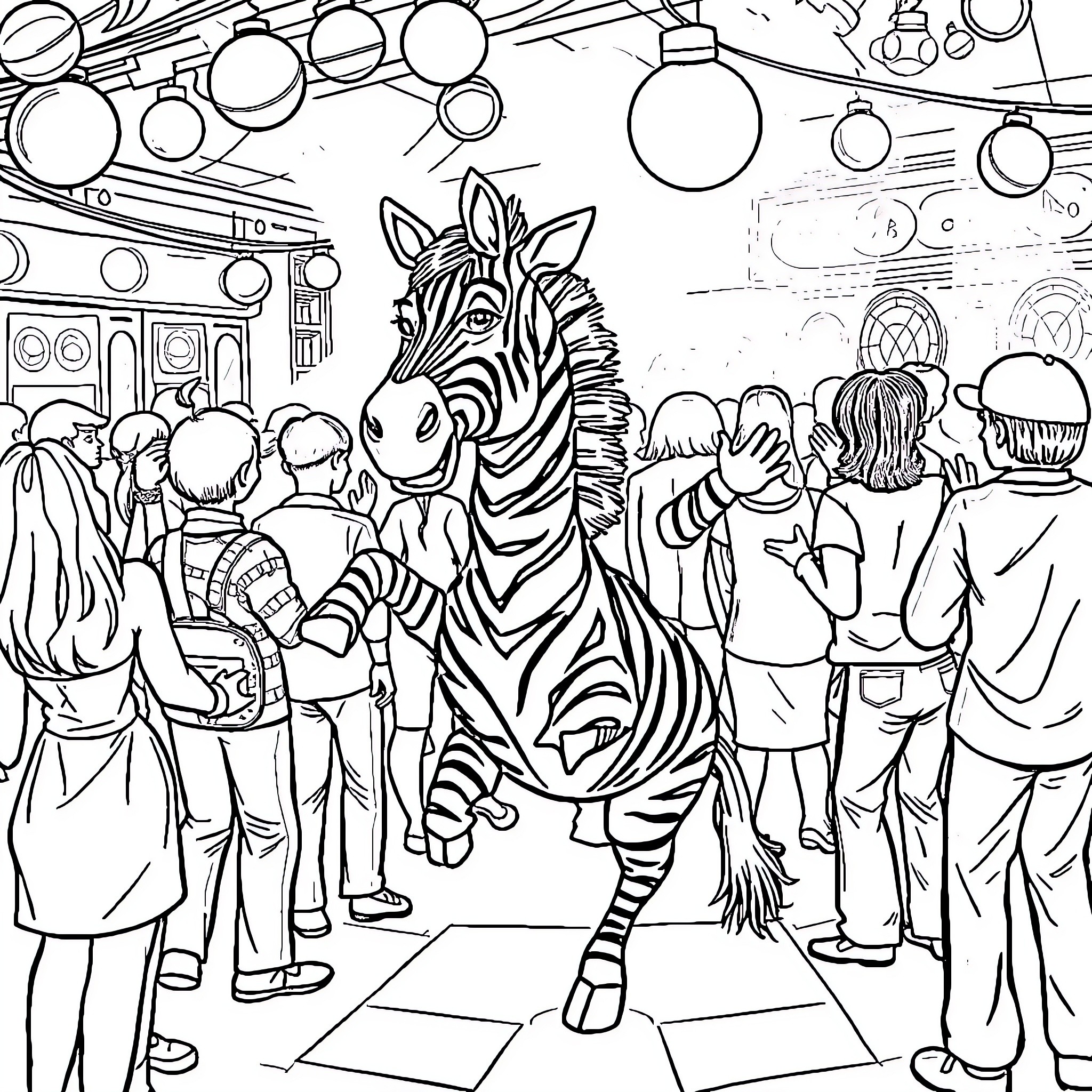Zebra performing on stage before a crowd Coloring Page (free black-and-white line drawing printable PDF for all, from beginners to advanced learners, including children, teens, adults, and seniors)