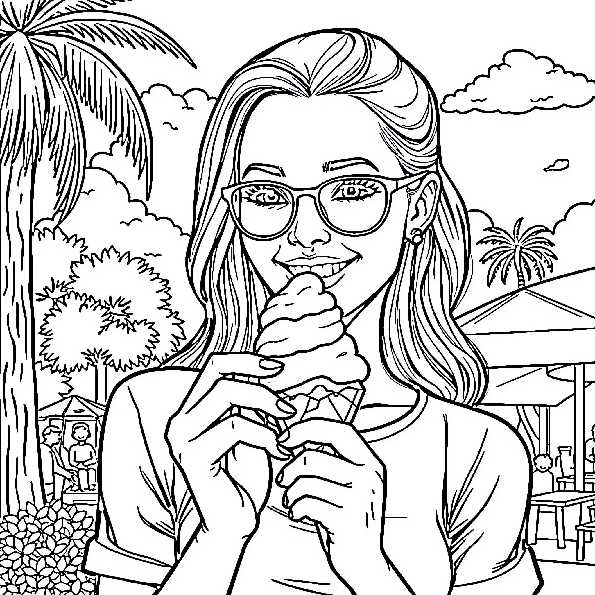 Girl enjoying ice cream in tropical setting Coloring Page (free black-and-white line drawing printable PDF for all, from beginners to advanced learners, including children, teens, adults, and seniors)