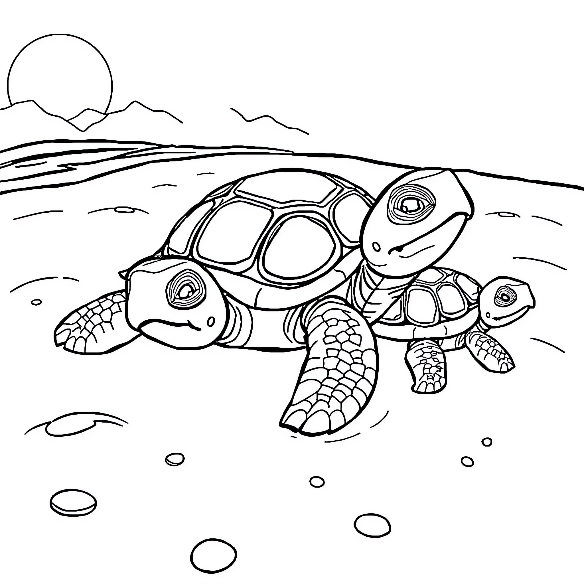 Turtle swimming in a serene landscape Coloring Page (free black-and-white line drawing printable PDF for all, from beginners to advanced learners, including children, teens, adults, and seniors)