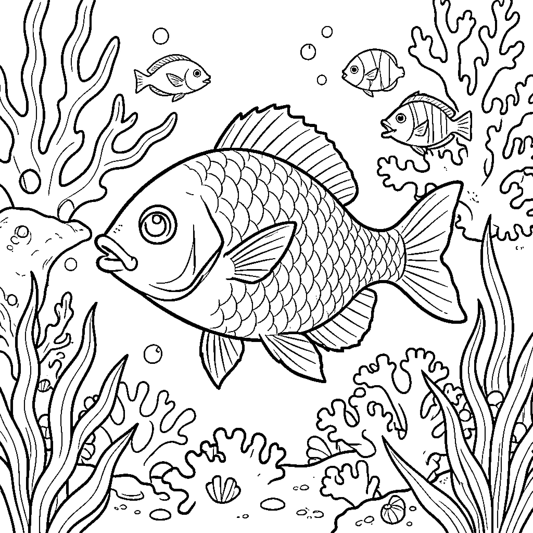 Fish swimming in the ocean with coral reefs Coloring Page (free black-and-white line drawing printable PDF for all, from beginners to advanced learners, including children, teens, adults, and seniors)