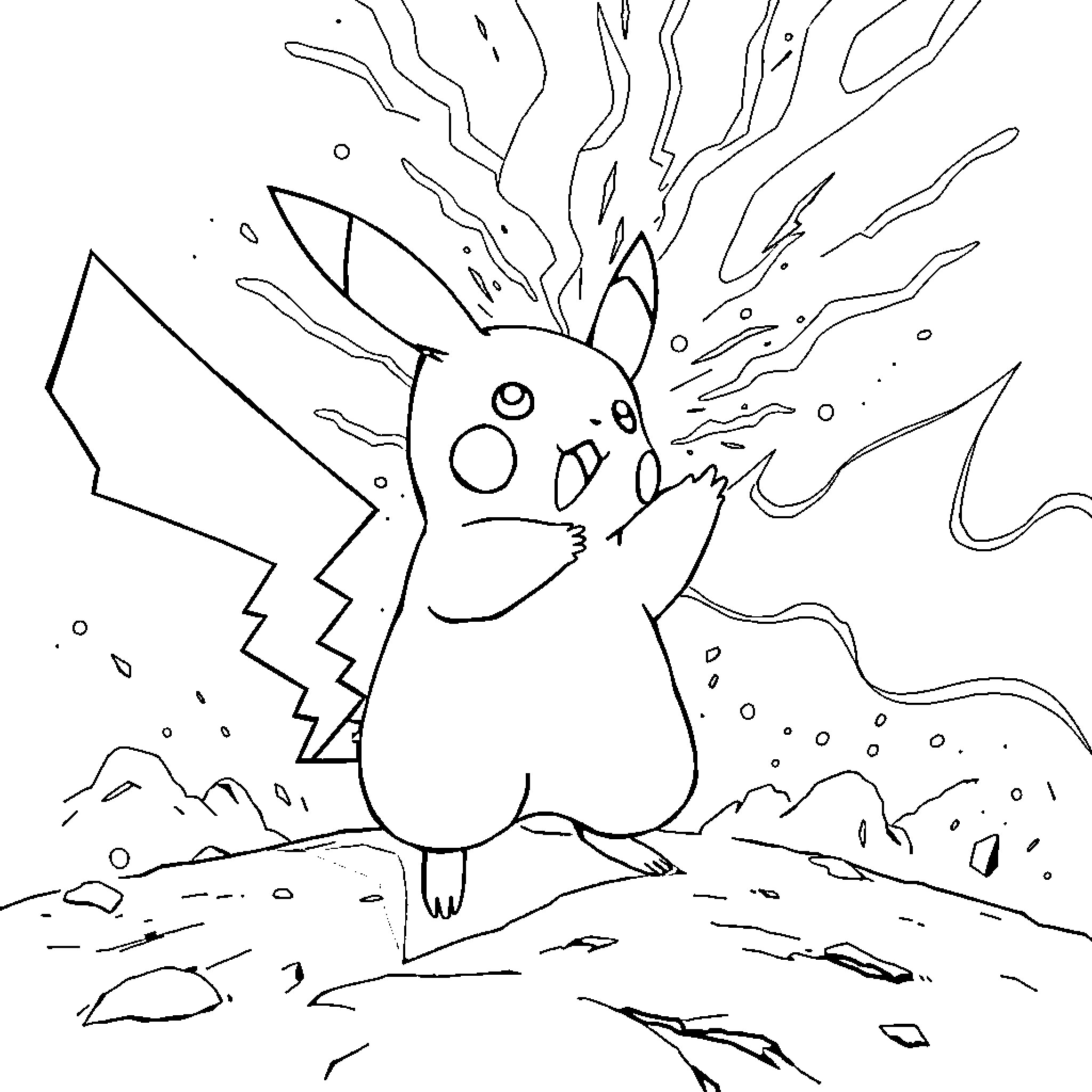 Pikachu Unleashing Powerful Electric Burst Coloring Page (free black-and-white line drawing printable PDF for all, from beginners to advanced learners, including children, teens, adults, and seniors)