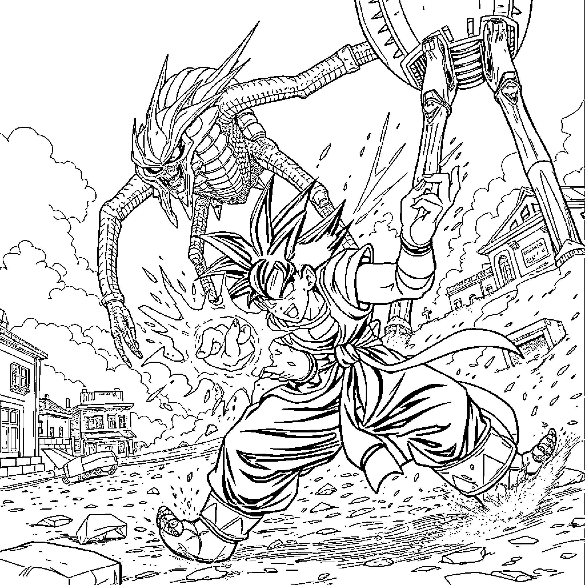 Goku battling a powerful alien foe in an epic confrontation Coloring Page (free black-and-white line drawing printable PDF for all, from beginners to advanced learners, including children, teens, adults, and seniors)