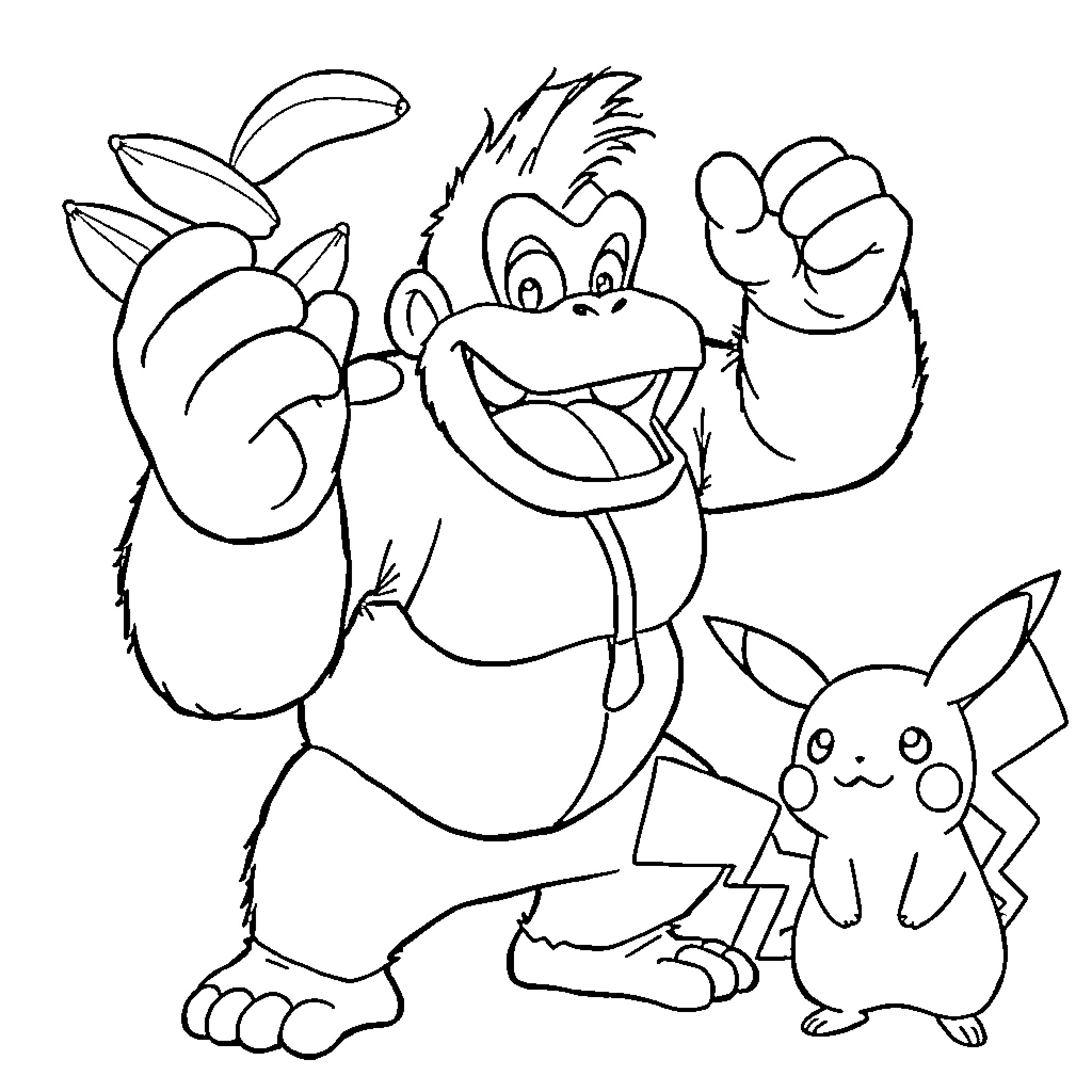 Donkey Kong playing with Pikachu and Smiling Coloring Page (free black-and-white line drawing printable PDF for all, from beginners to advanced learners, including children, teens, adults, and seniors)