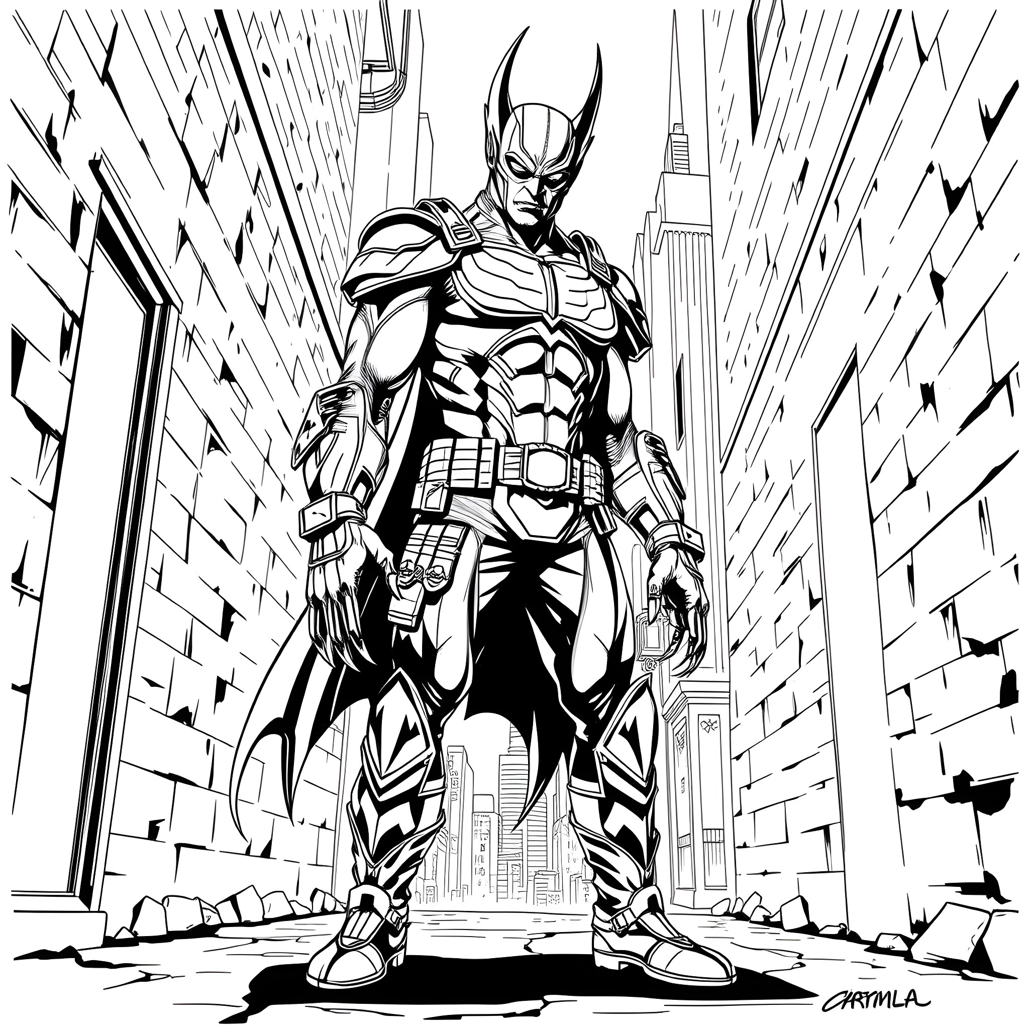 Dark Claw Stalks the City Streets Coloring Page (free black-and-white line drawing printable PDF for all, from beginners to advanced learners, including children, teens, adults, and seniors)