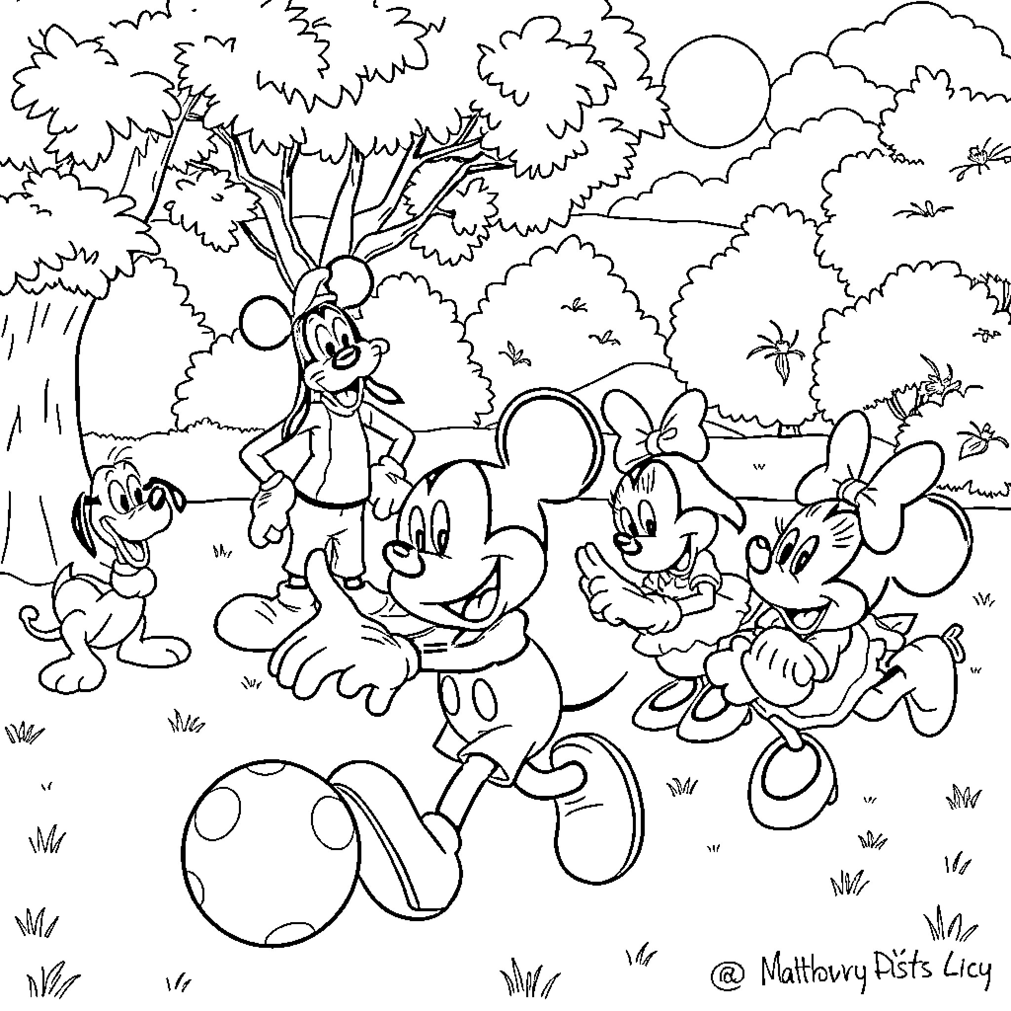 Bluey and friends explore the enchanting woodland Coloring Page (free black-and-white line drawing printable PDF for all, from beginners to advanced learners, including children, teens, adults, and seniors)