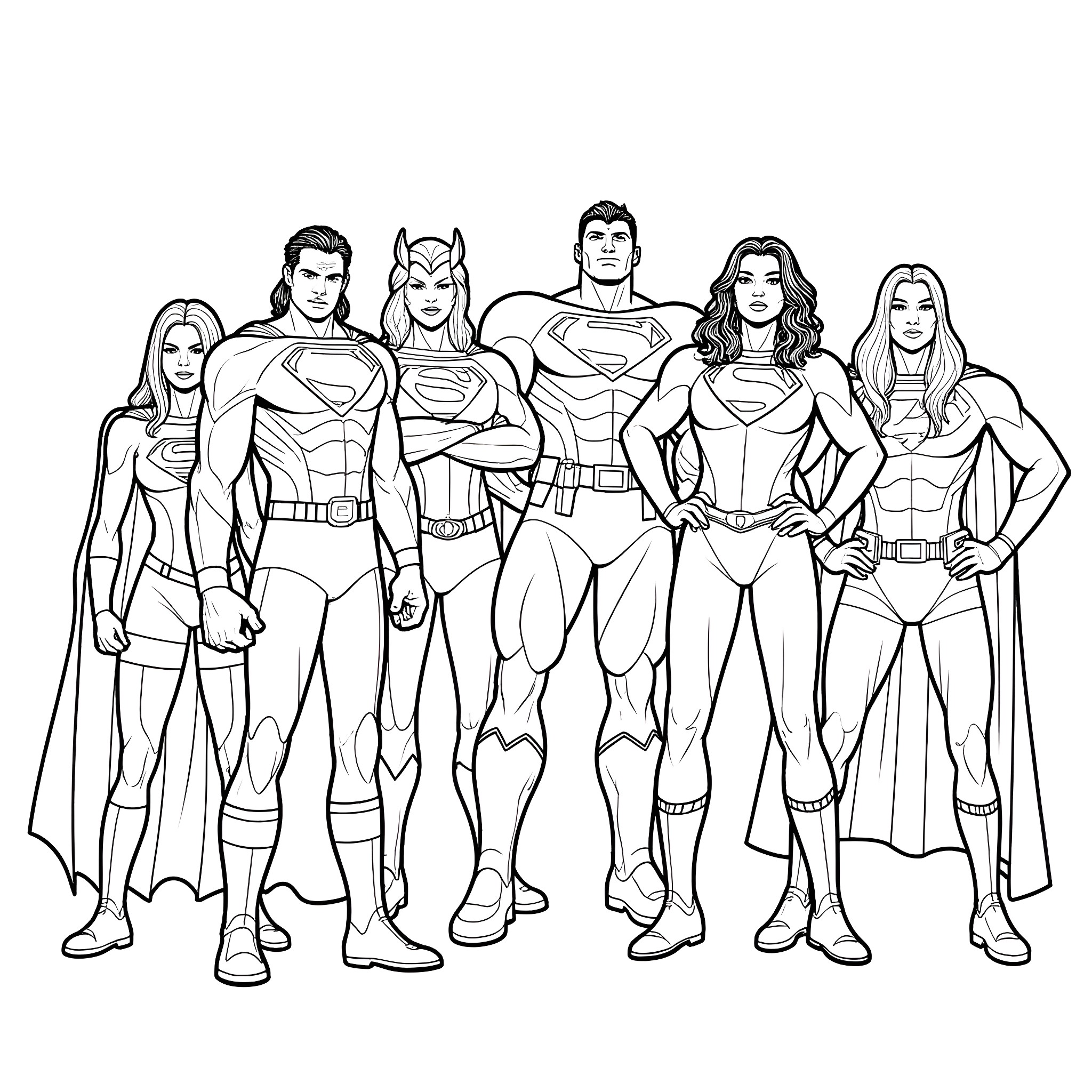 DC vs Marvel Superheroes Lineup in Action Poses Coloring Page (free black-and-white line drawing printable PDF for all, from beginners to advanced learners, including children, teens, adults, and seniors)