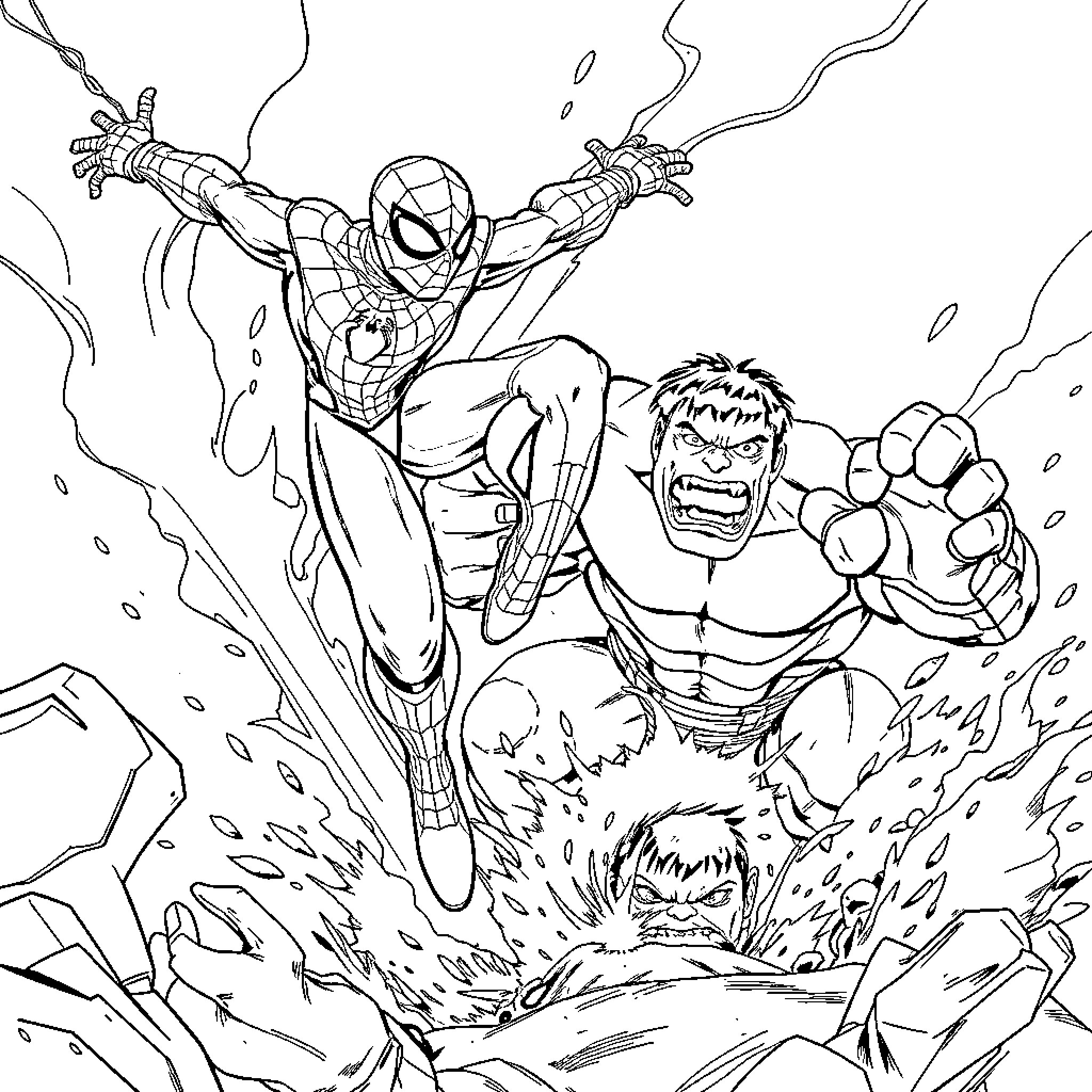 Spiderman battling the Hulk in an intense confrontation Coloring Page (free black-and-white line drawing printable PDF for all, from beginners to advanced learners, including children, teens, adults, and seniors)