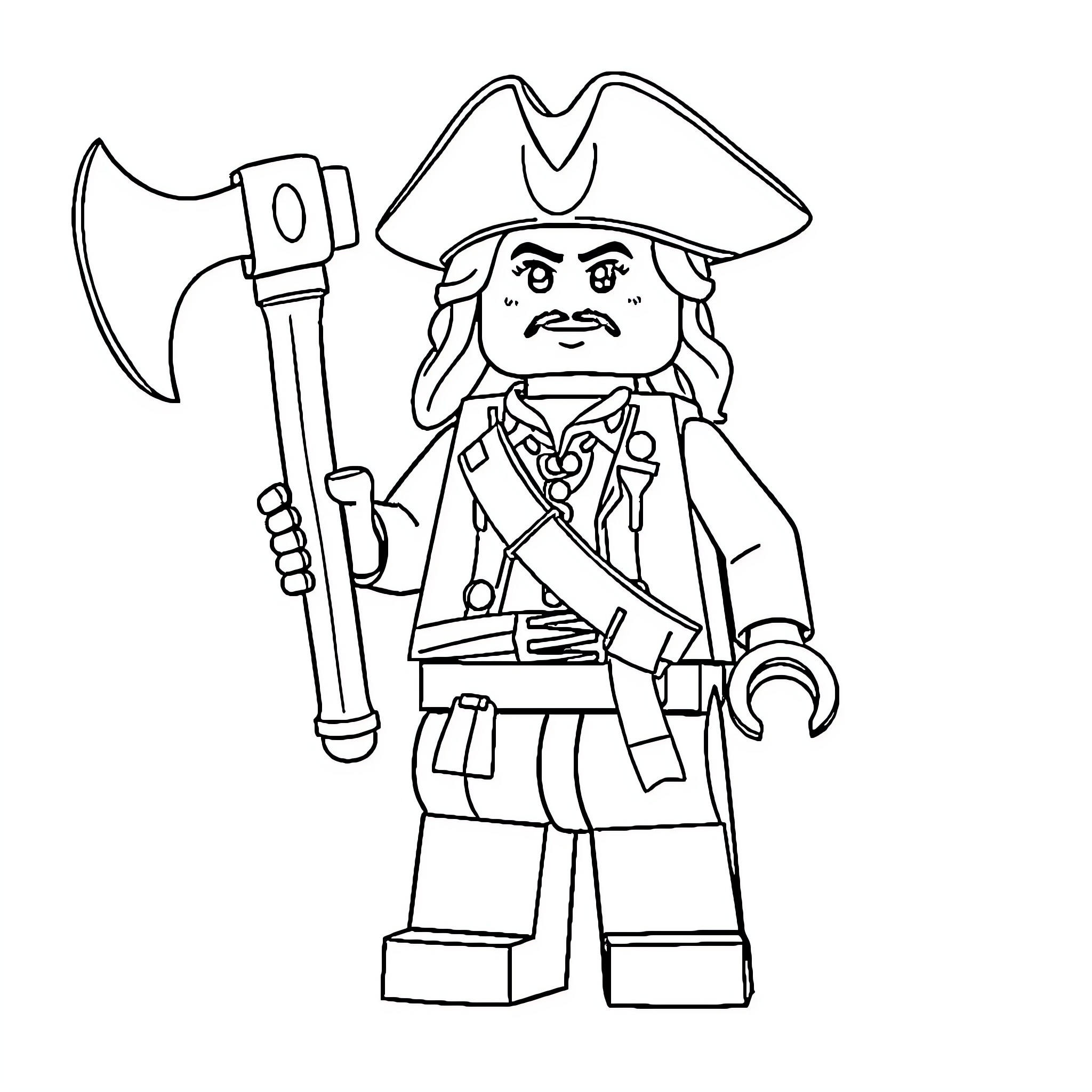 Will Turner as a Pirate with Axe and Sword Coloring Page (free black-and-white line drawing printable PDF for all, from beginners to advanced learners, including children, teens, adults, and seniors)