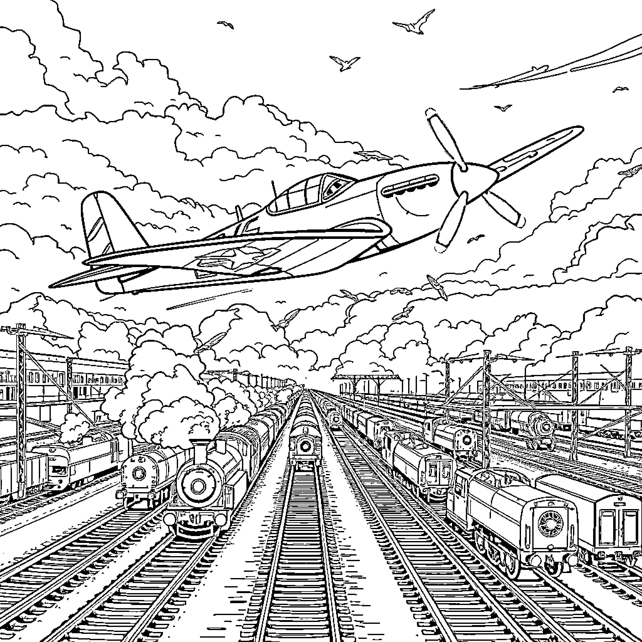 P47 Warplane Soaring Over Bustling Train Tracks Coloring Page (free black-and-white line drawing printable PDF for all, from beginners to advanced learners, including children, teens, adults, and seniors)